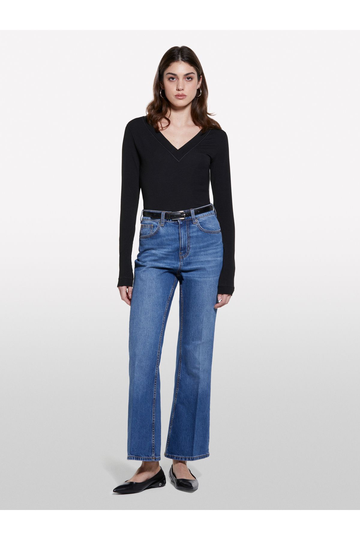 Sisley Kadın Koyu Denim Pamuk Karışımlı Yüksek Bel İspanyol Paça Denim Pantolon