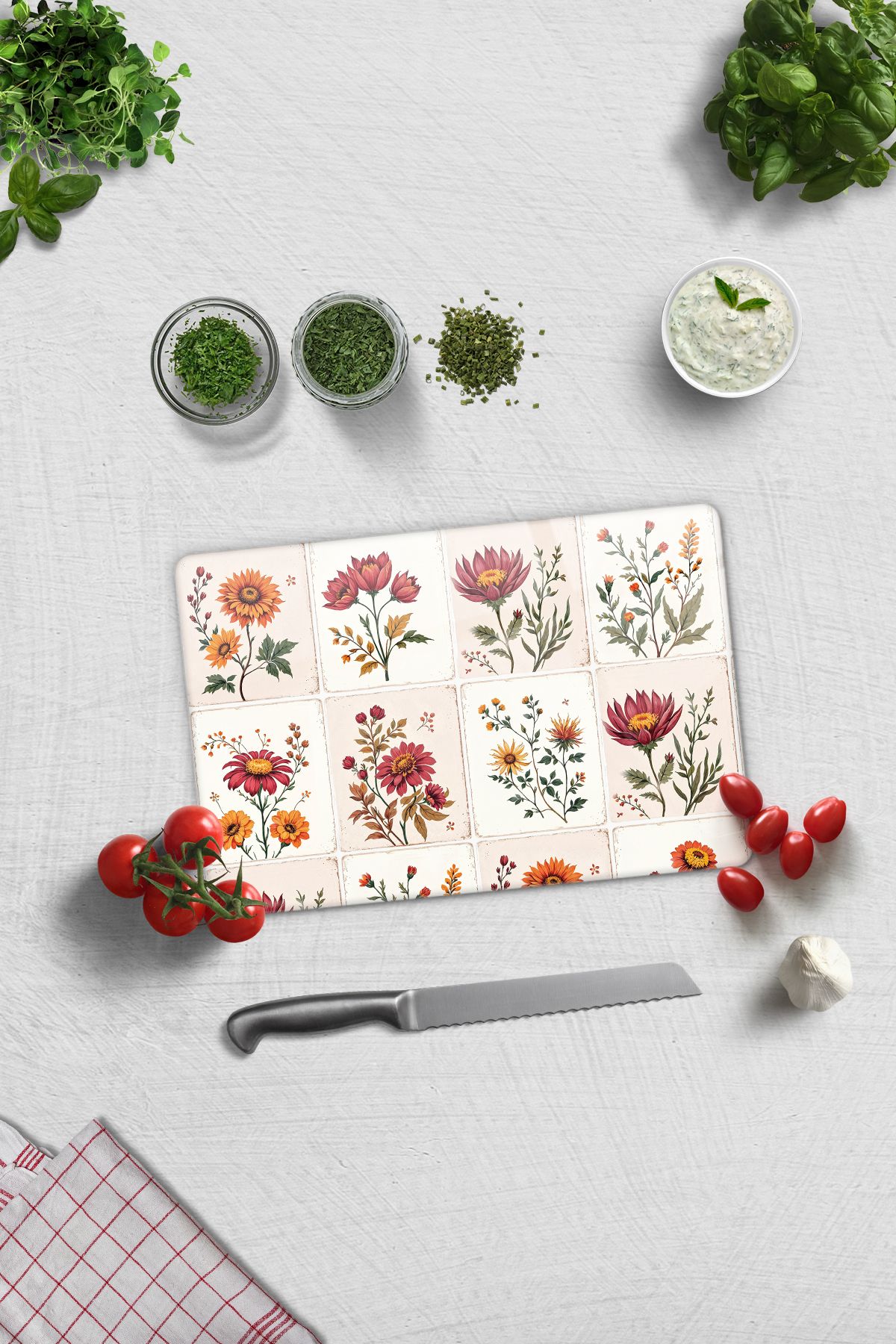 Decorita Cam Kesme Tahtası - Cam Kesme Tablası | Çiçekli Karo Desen | 20cm x 30cm