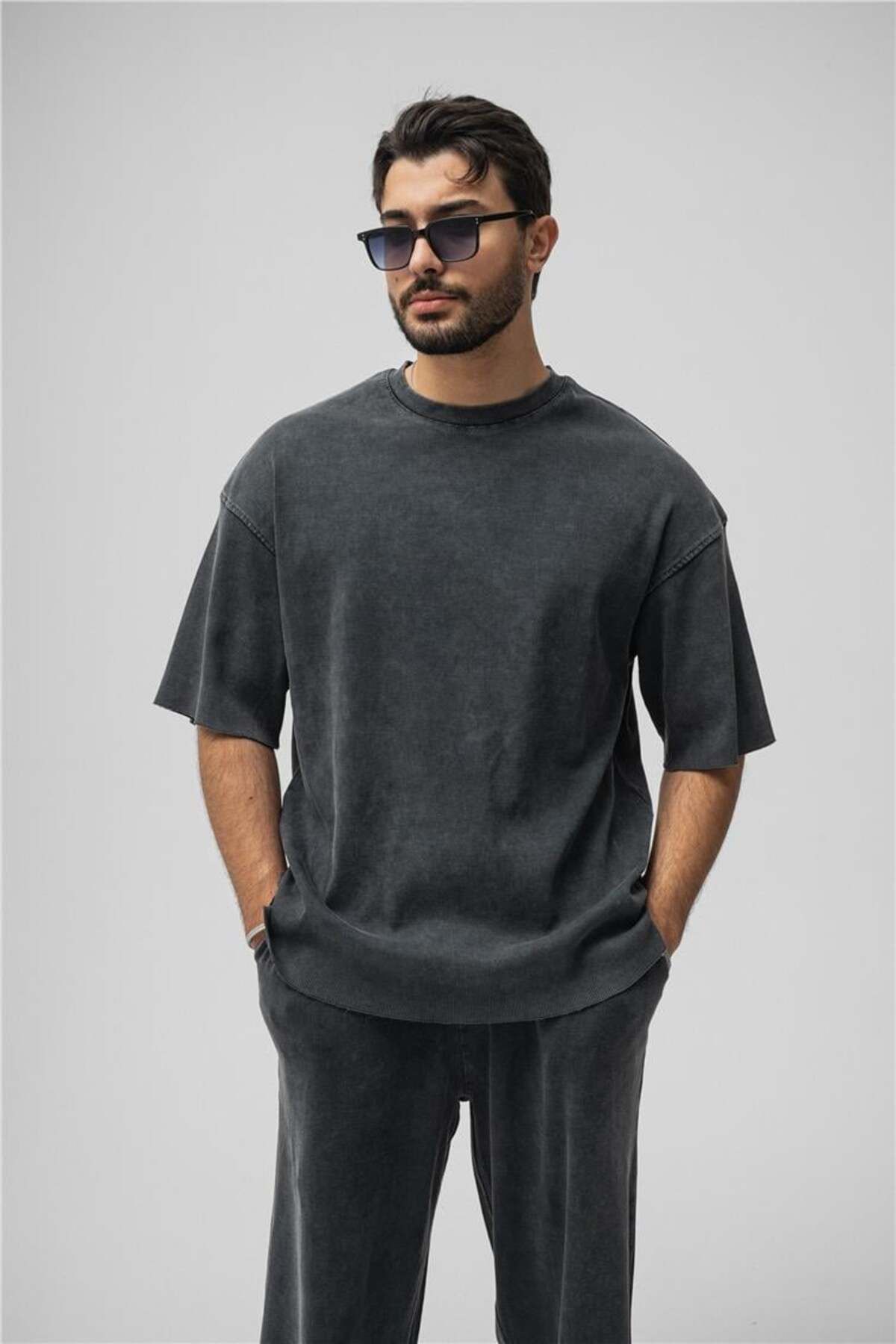 OUTFİT MAN Erkek Yıkamalı Fitilli Oversize T-Shirt Yıkamalı Siyah