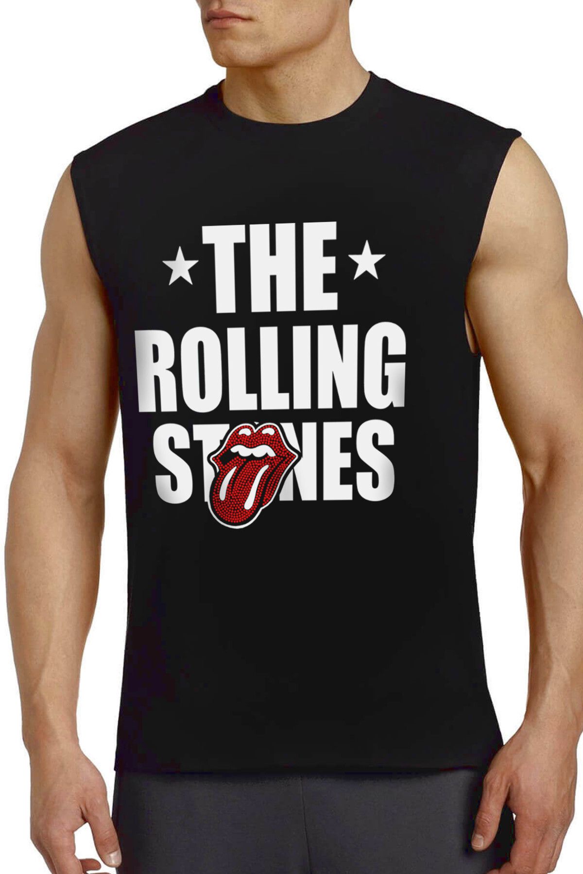ROCKANDROLL Rolling Stones Siyah Kesik Kol | Kolsuz Erkek Tshirt | Atlet