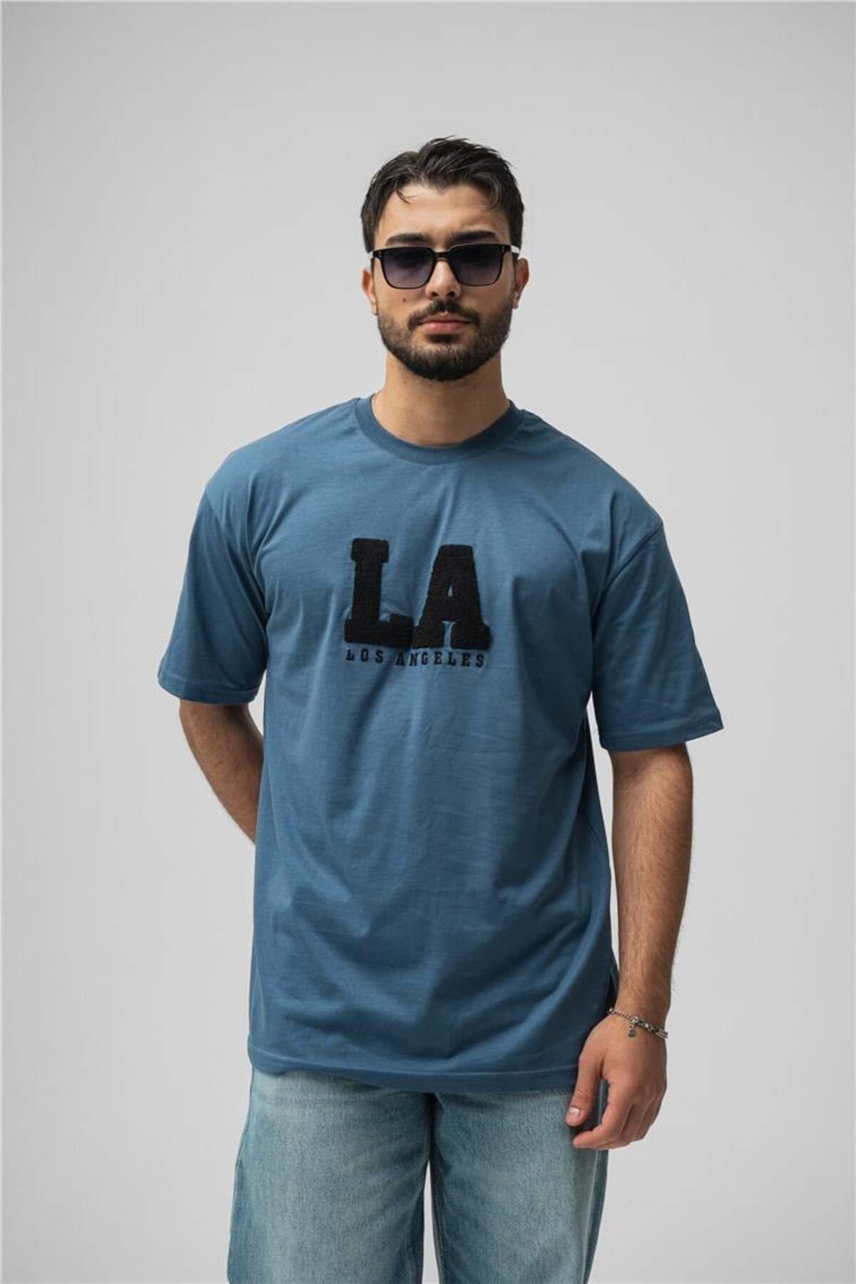 OUTFİT MAN Erkek LosAngeles Oversize T-Shirt İndigo