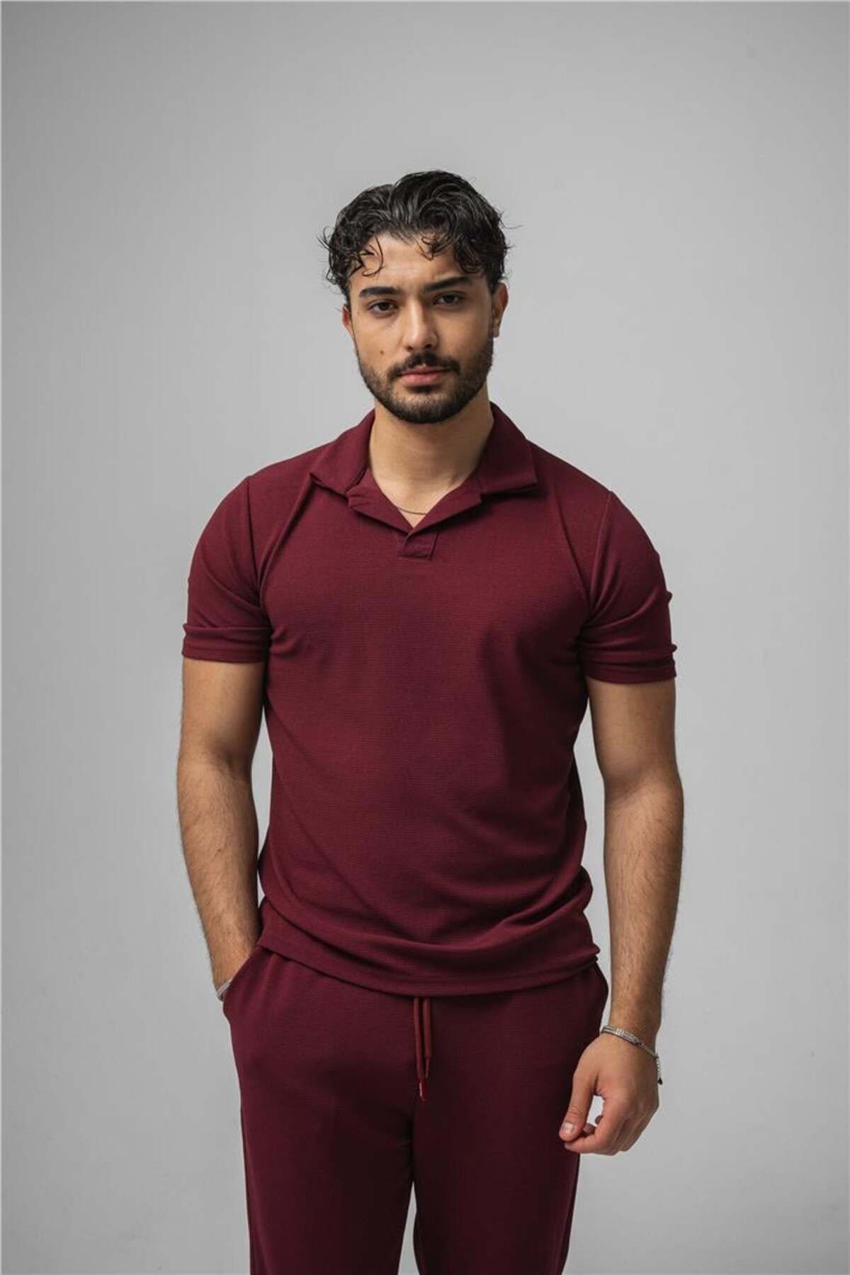 OUTFİT MAN Erkek Polo Yaka Gizli Kabartma T-Shirt Bordo