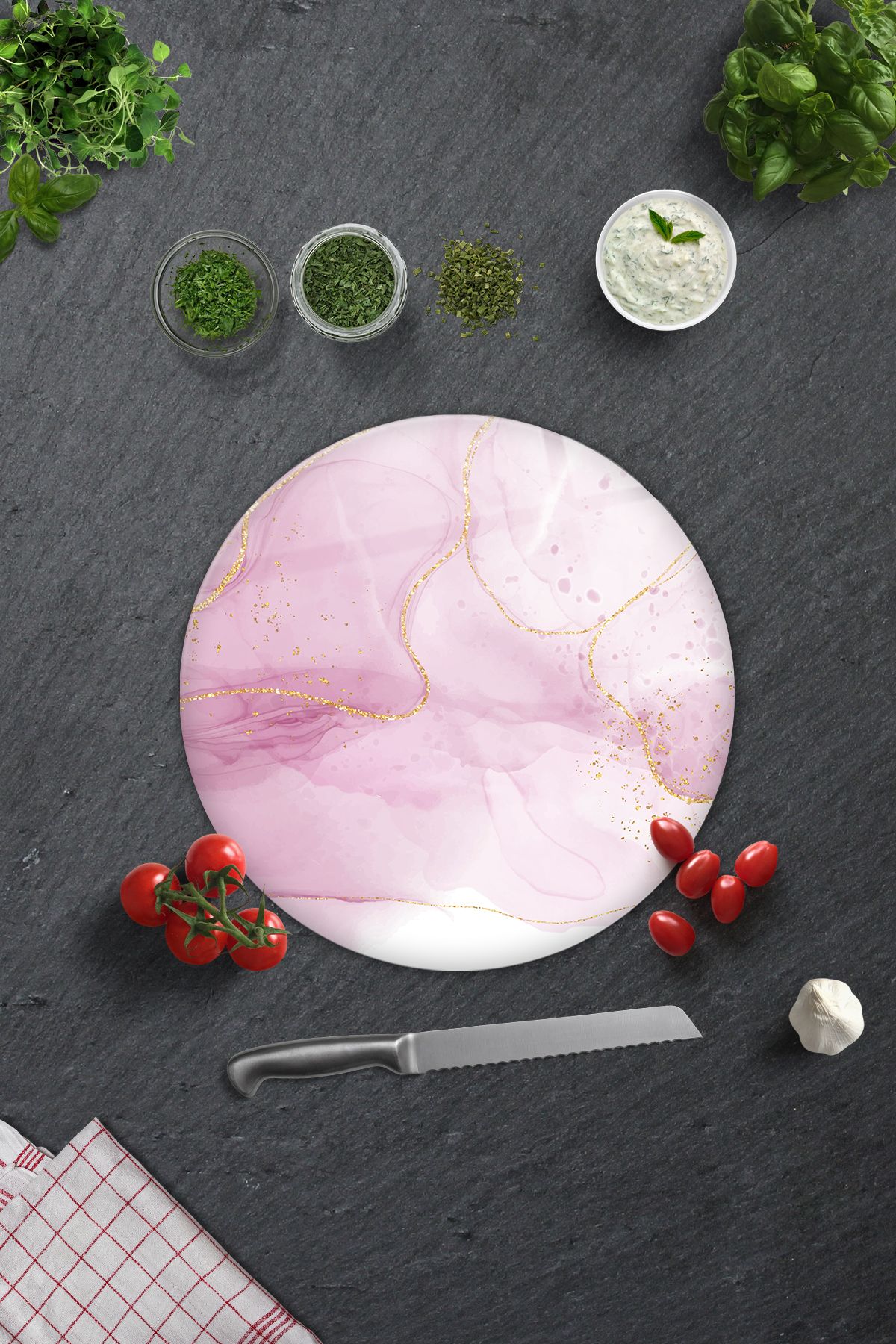 Decorita Cam Kesme Tahtası - Cam Kesme Tablası | Pembe Gold Desen | Çap32cm