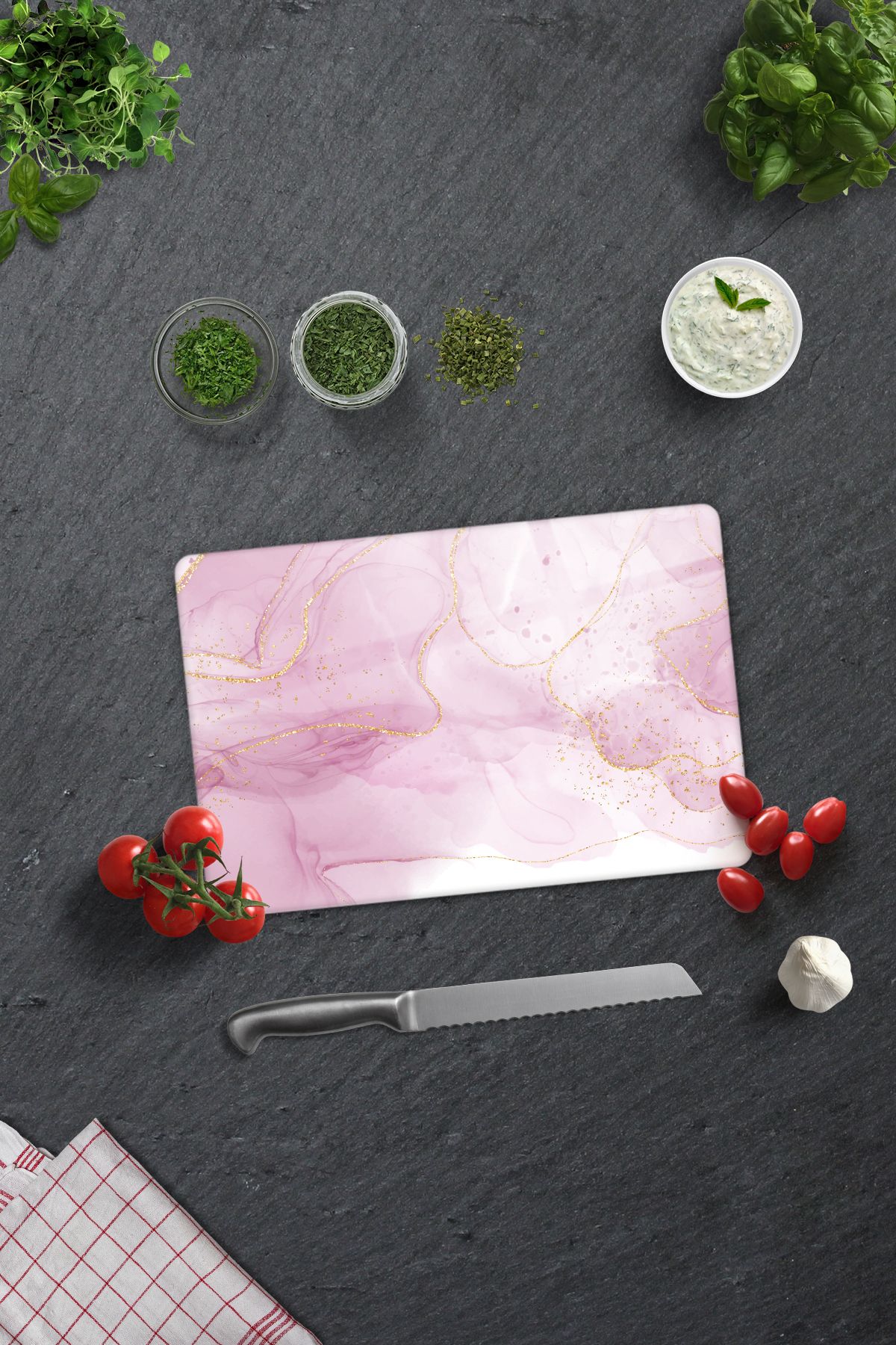 Decorita Cam Kesme Tahtası - Cam Kesme Tablası | Pembe Gold Desen | 20cm x 30cm