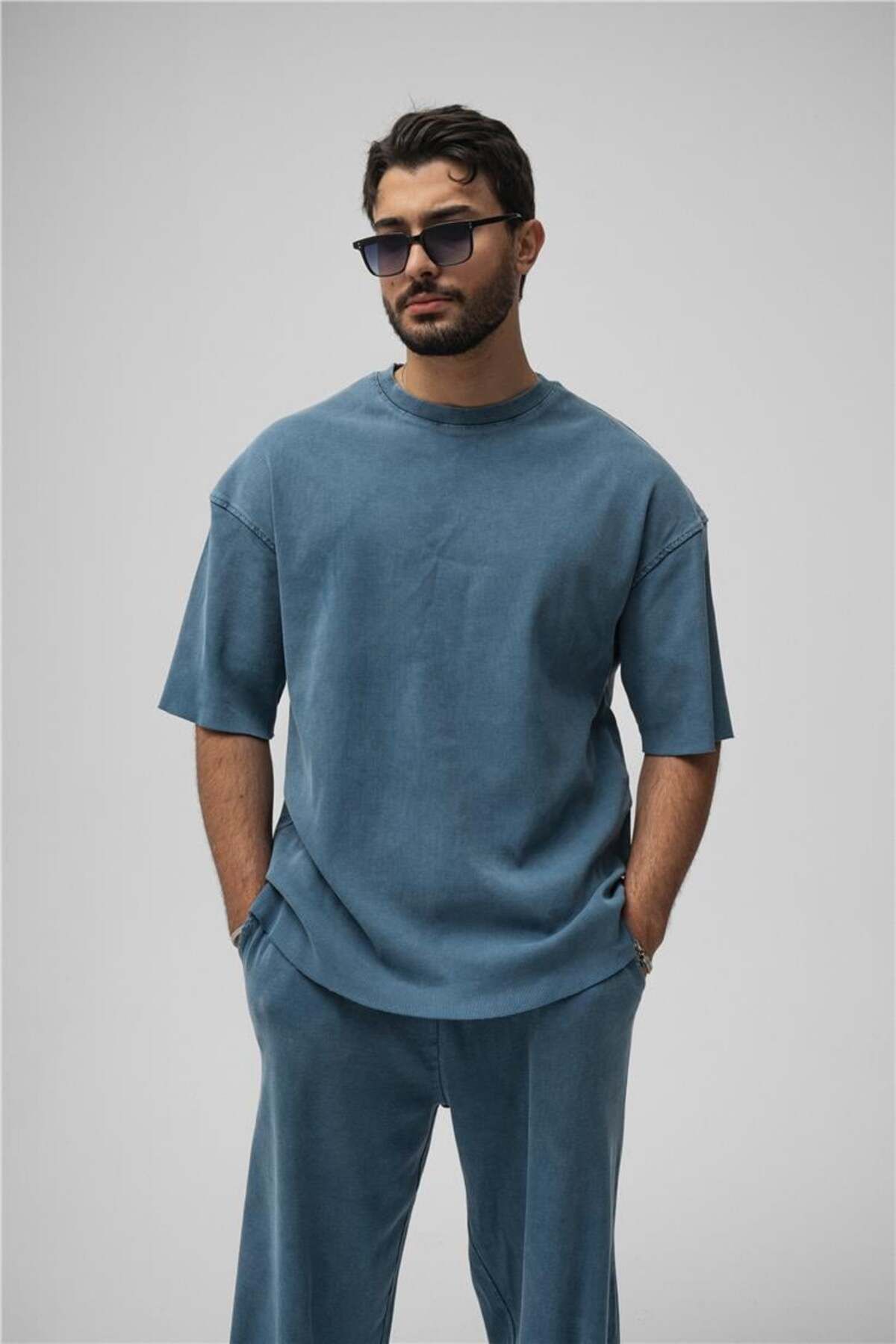 OUTFİT MAN Erkek Yıkamalı Fitilli Oversize T-Shirt Yıkamalı İndigo