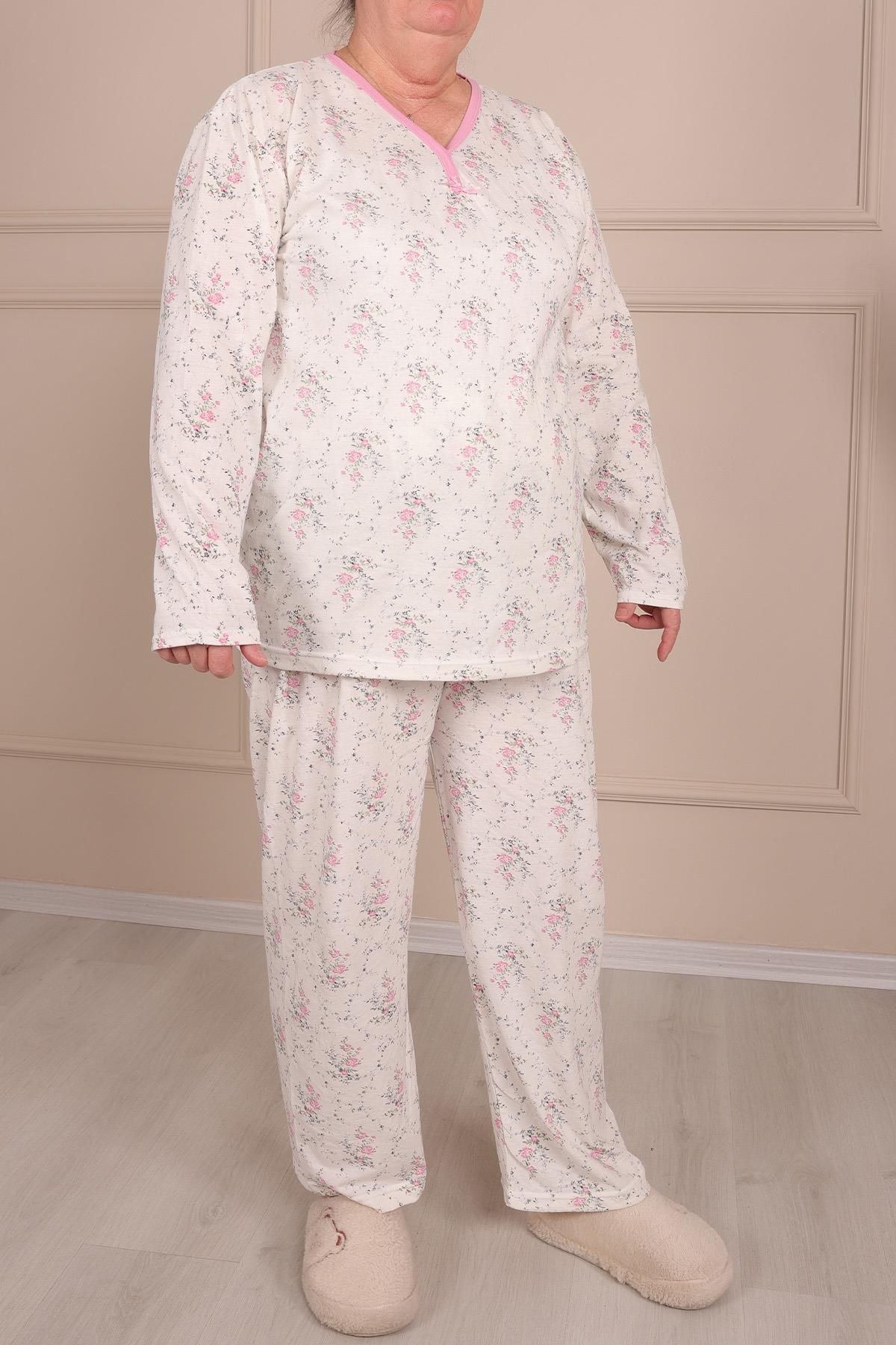 Niket Life Kadın Desenli Biye Yakalı Uzun Kol Altı Uzun Penye Anne Pijama Takım