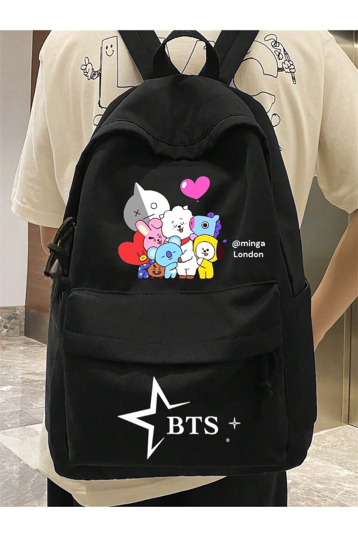 Minga London Siyah Bts Korea Music Group Baskılı Okul, Dershane, Kurs Baskılı Sırt Çantası -Minga London