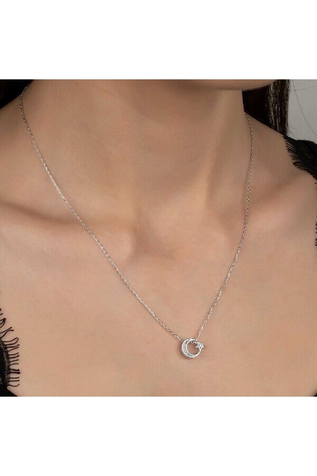 shop Taşlı Ay Yıldız 925 Ayar Gümüş Kolye