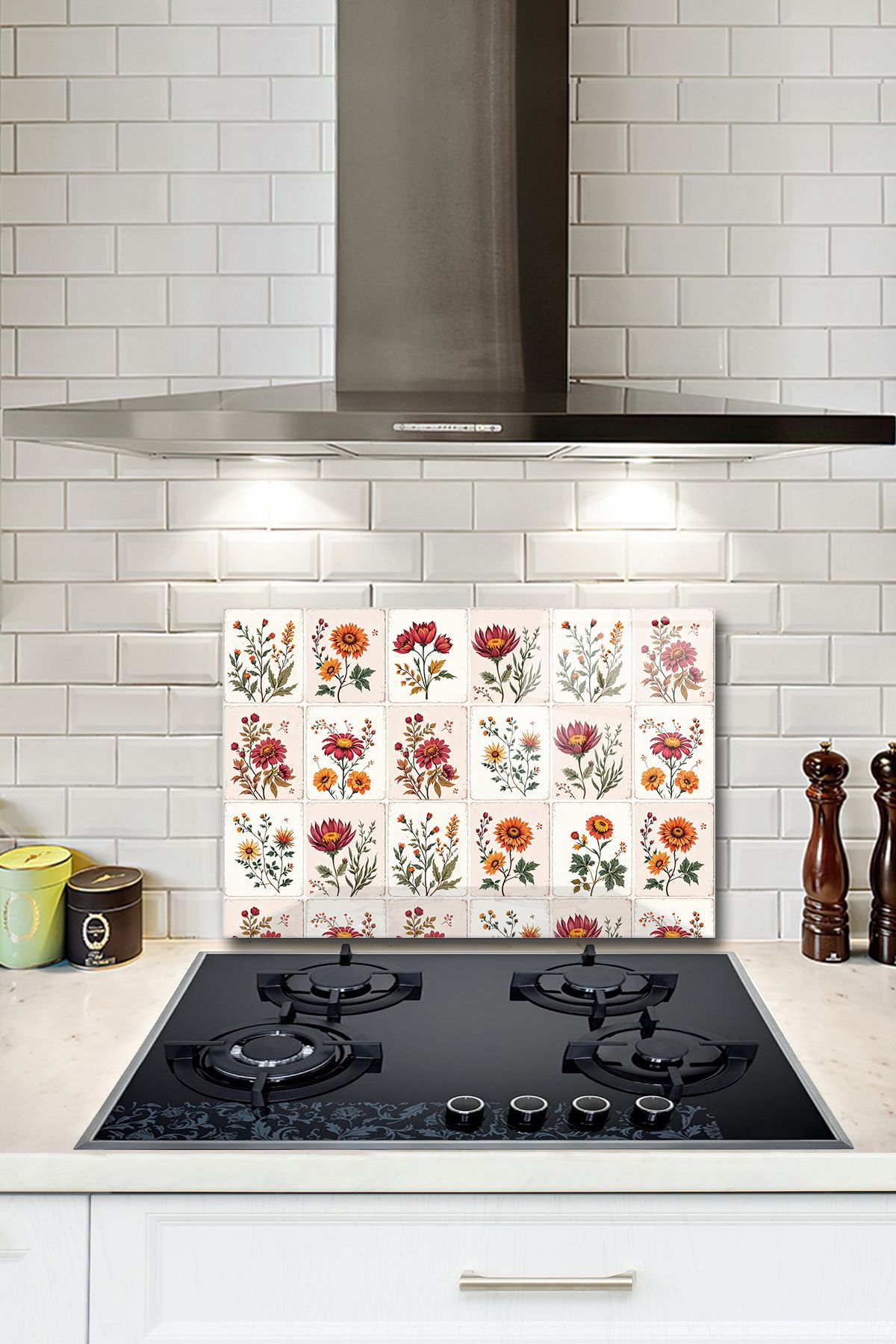 Decorita Cam Ocak Arkası Koruyucu | Çiçekli Karo Desen | 40cm x 60cm