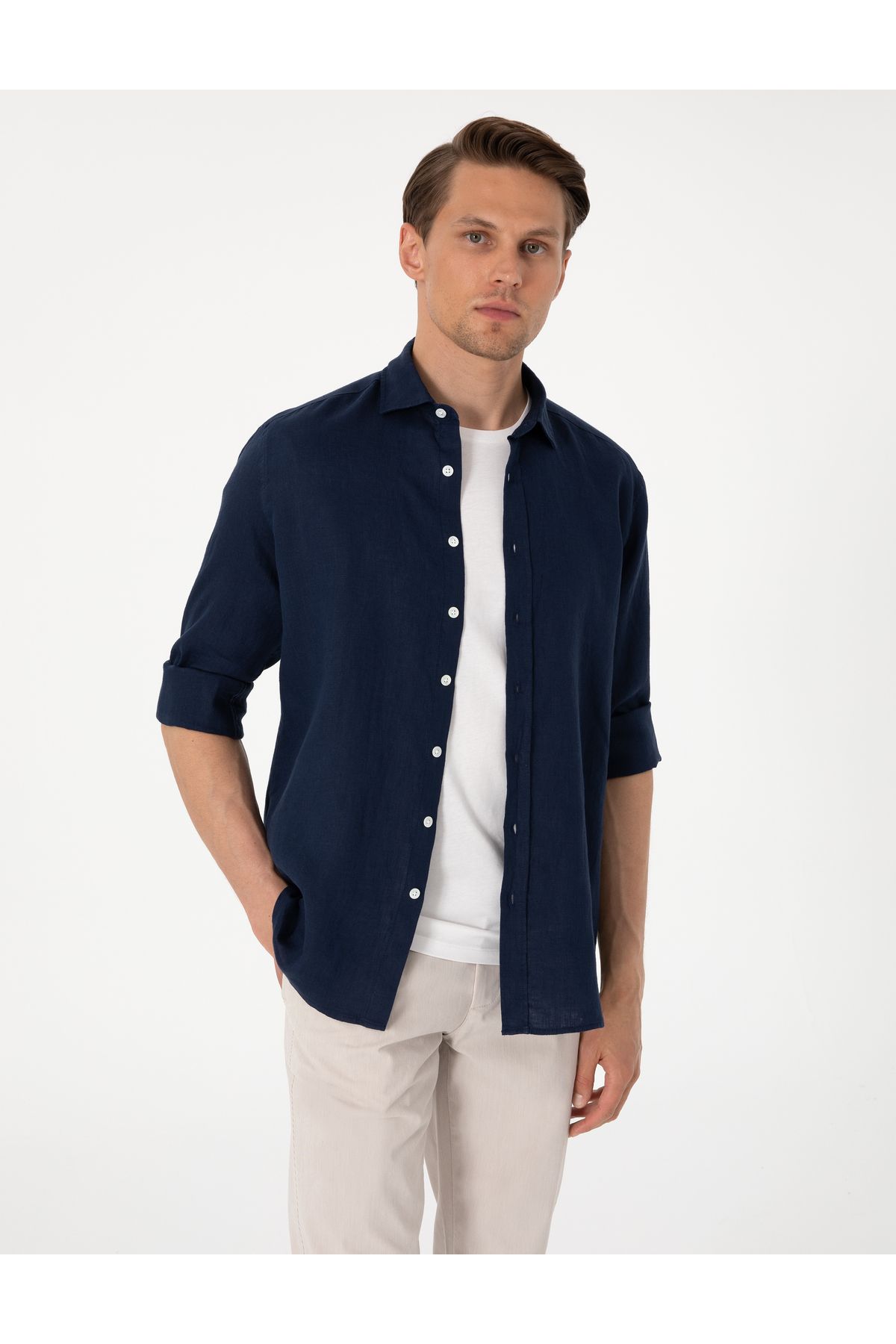 Pierre Cardin Lacivert %100 Keten Regular Fit Uzunkollu Gömlek 50303293-VR033