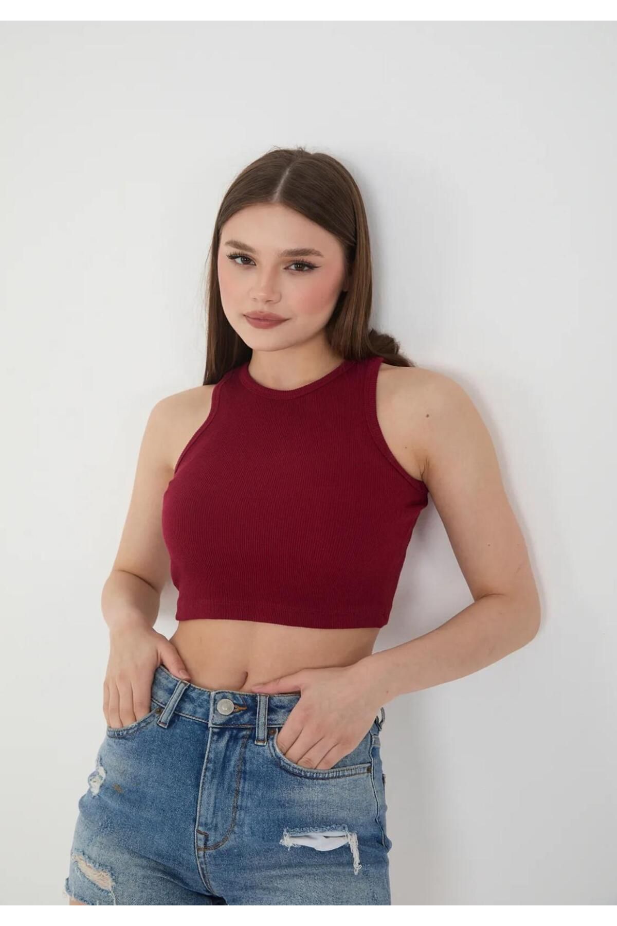 MossMoi Kadın Sıfır Kol Kaşkorse Crop Bluz Siyah