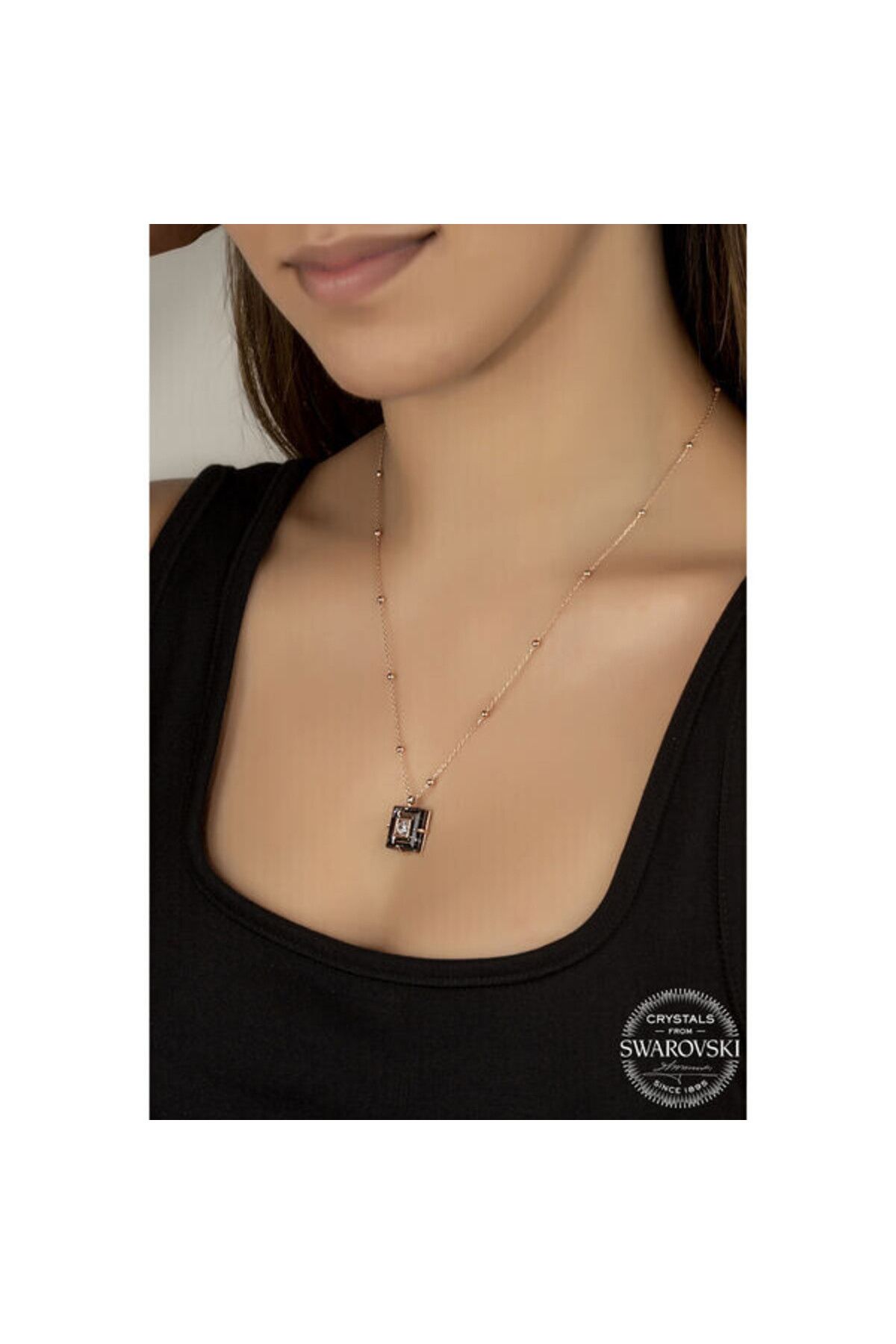 shop Crystal Taşlı Ros Top Siyah Elmas 925 Ayar Gümüş Kolye