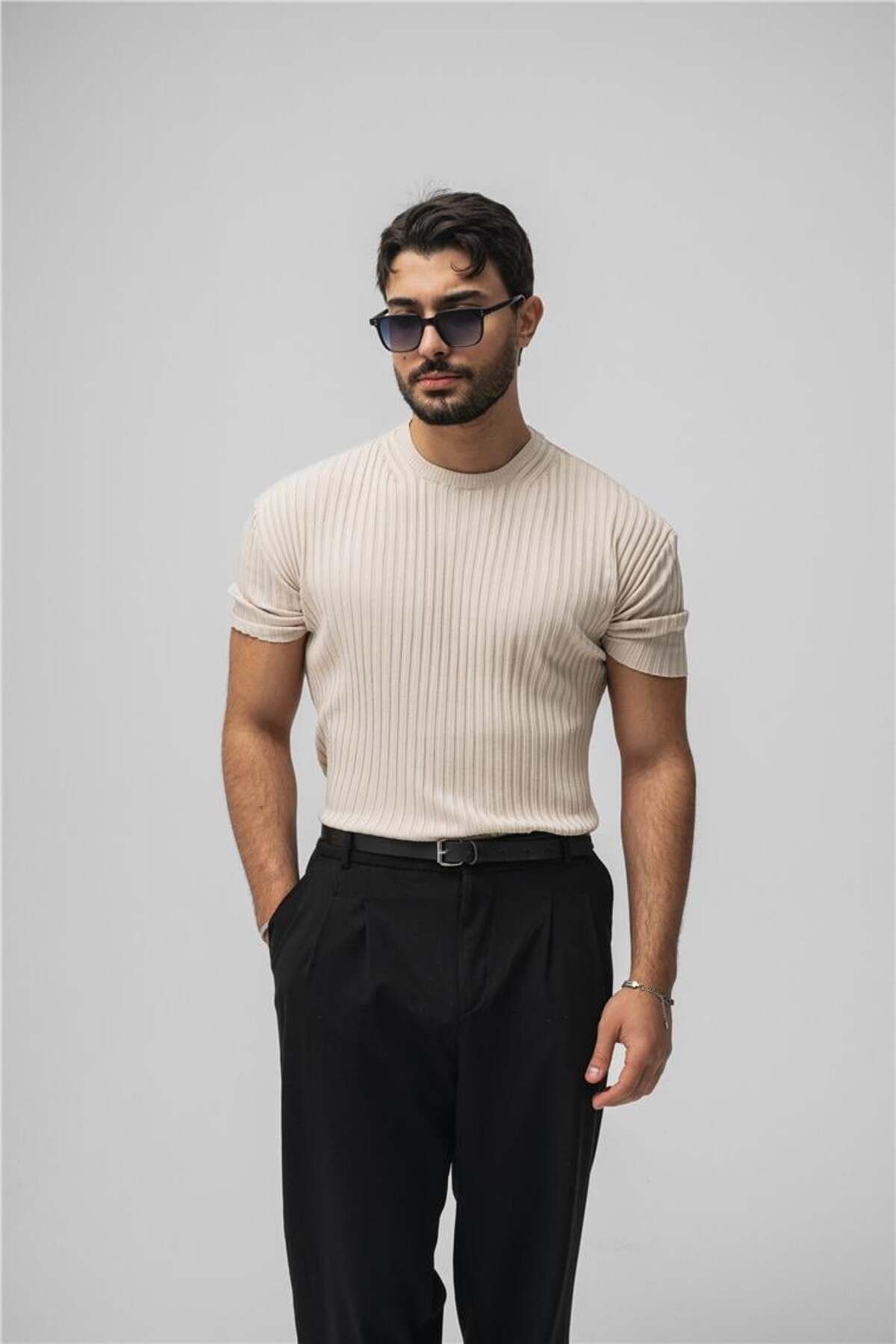 OUTFİT MAN Erkek Likralı Loose Fit Ribbed T-Shirt Krem