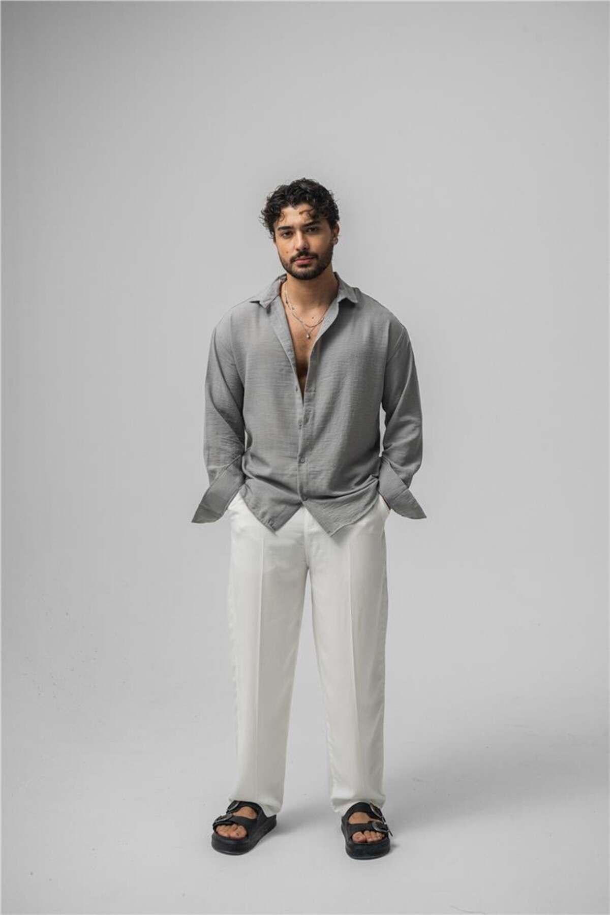 OUTFİT MAN Erkek Non Iron Oversize Gömlek Gri