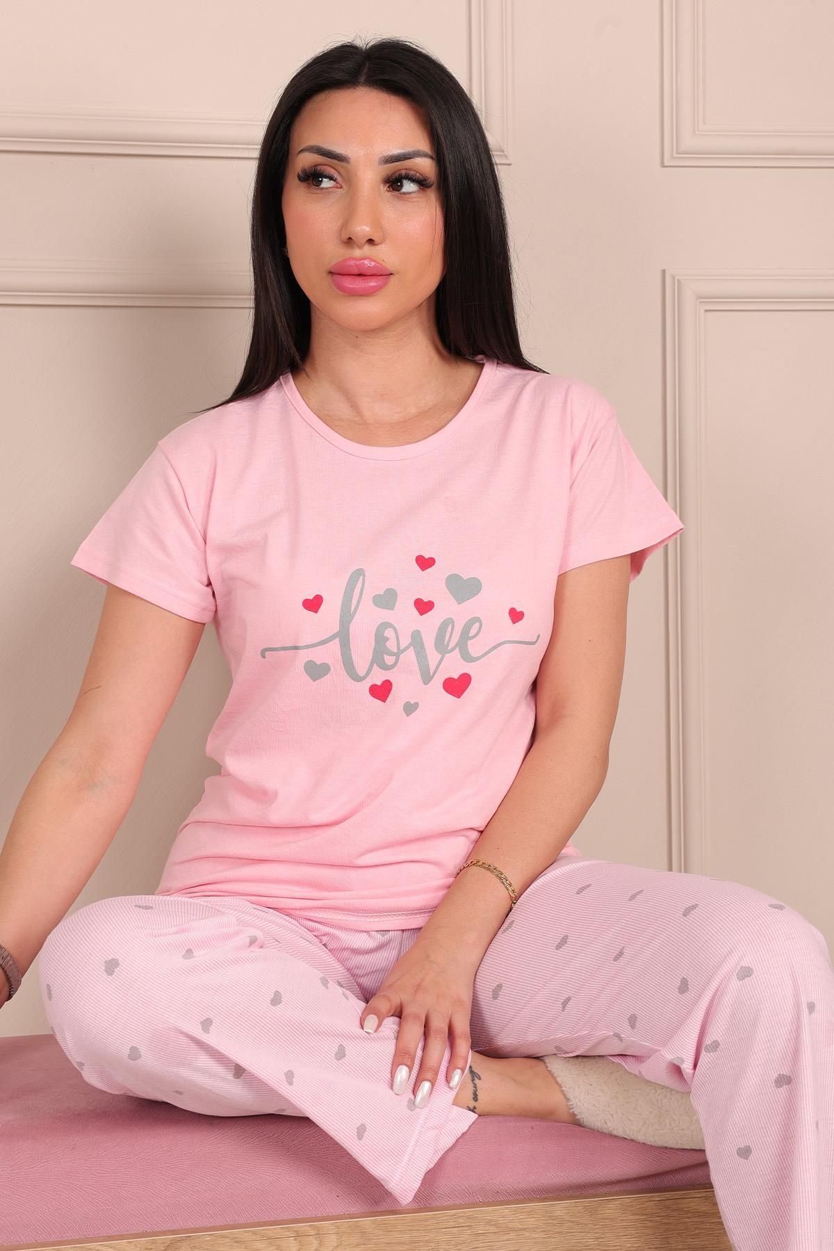 Niket Life Kadın Love Sloganlı Bisiklet Yaka Kısa Kol Altı Uzun Penye Pijama Takımı