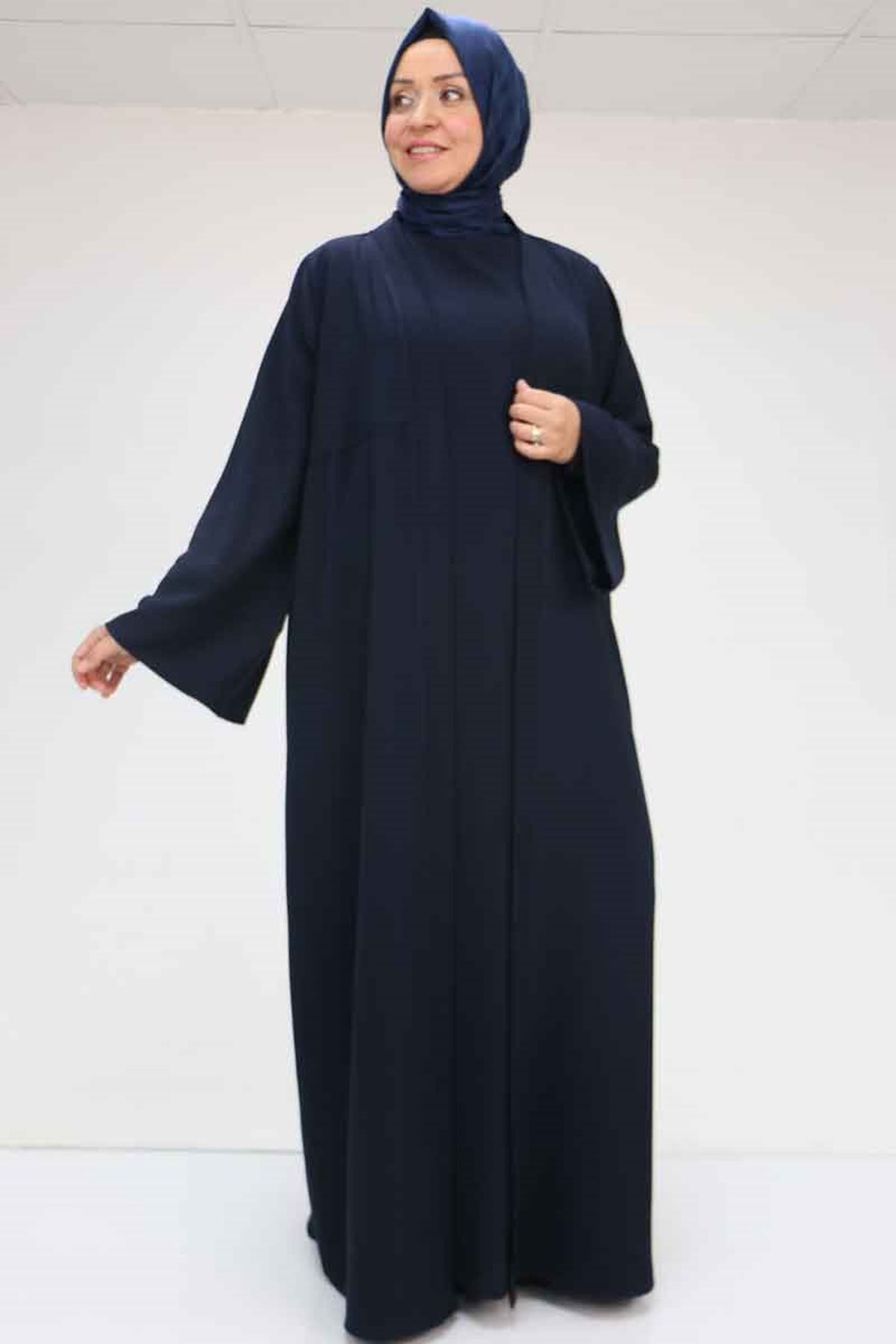 Eslina 57210 Büyük Beden Renge Renk Garni Detaylı Abaya Takım - Lacivert