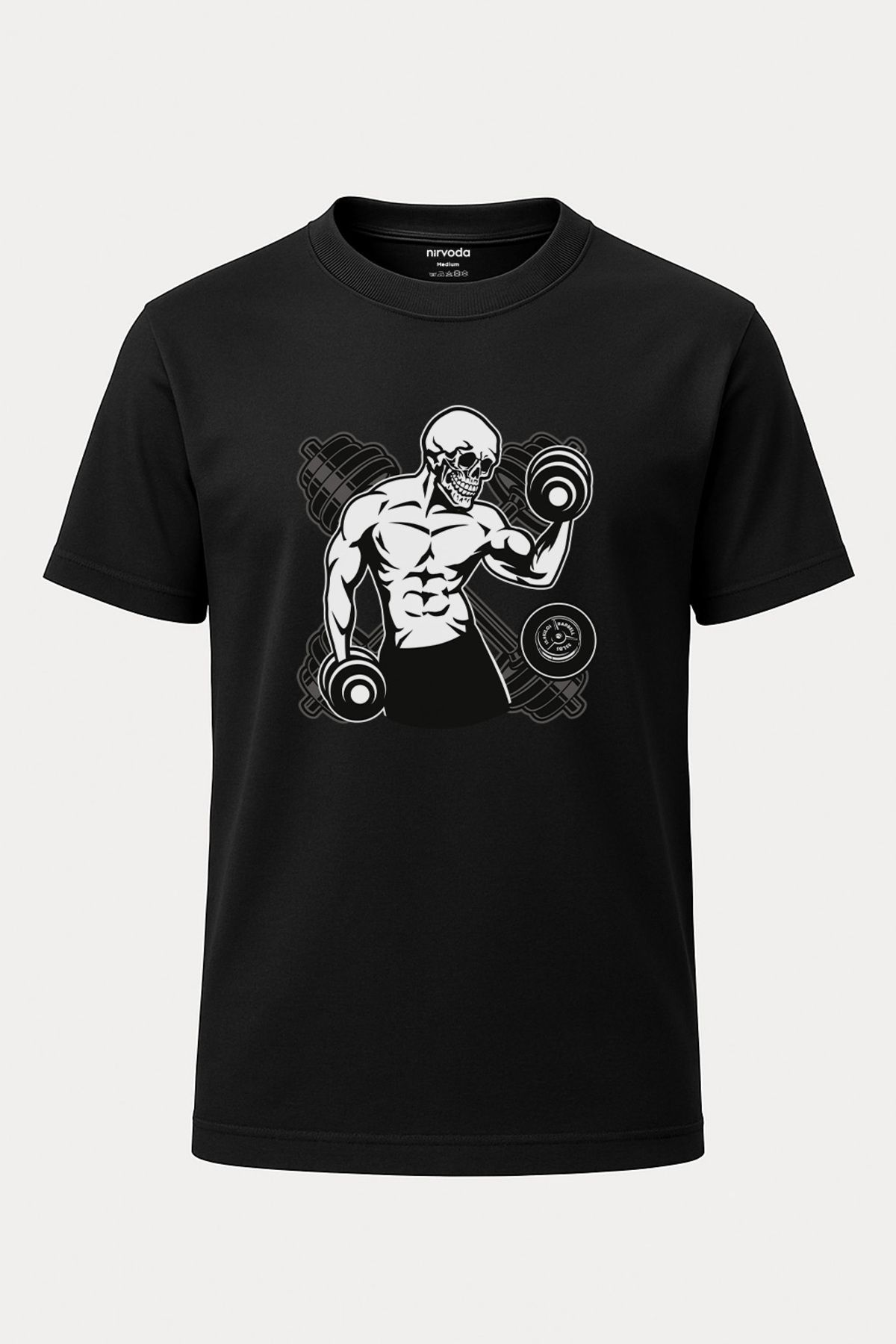 nirvoda Unisex Kurukafa Fitness Body Baskılı Tişört - Siyah GYM T-shirt