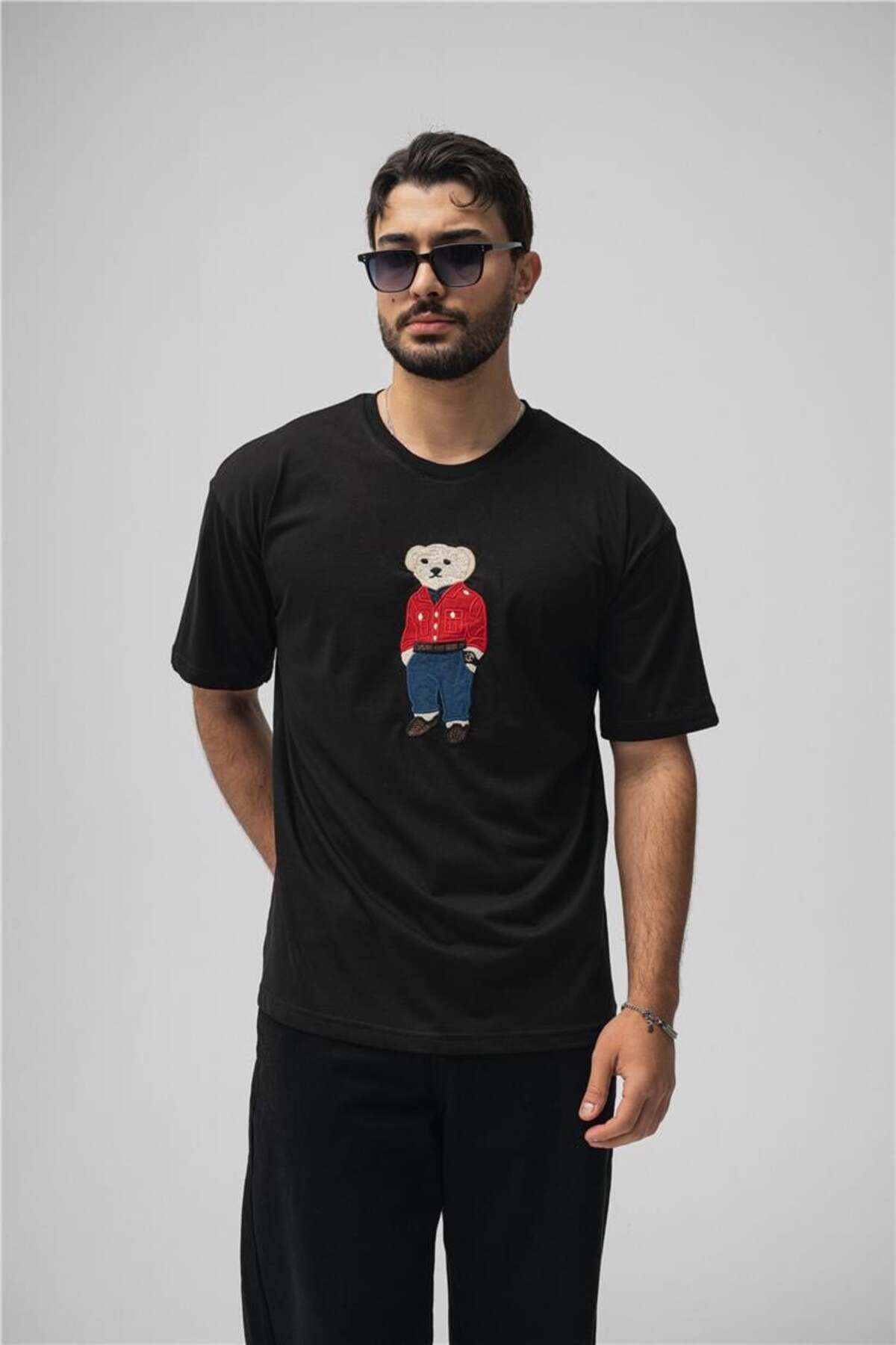 OUTFİT MAN Erkek Ayı Baskılı Oversize T-Shirt Siyah