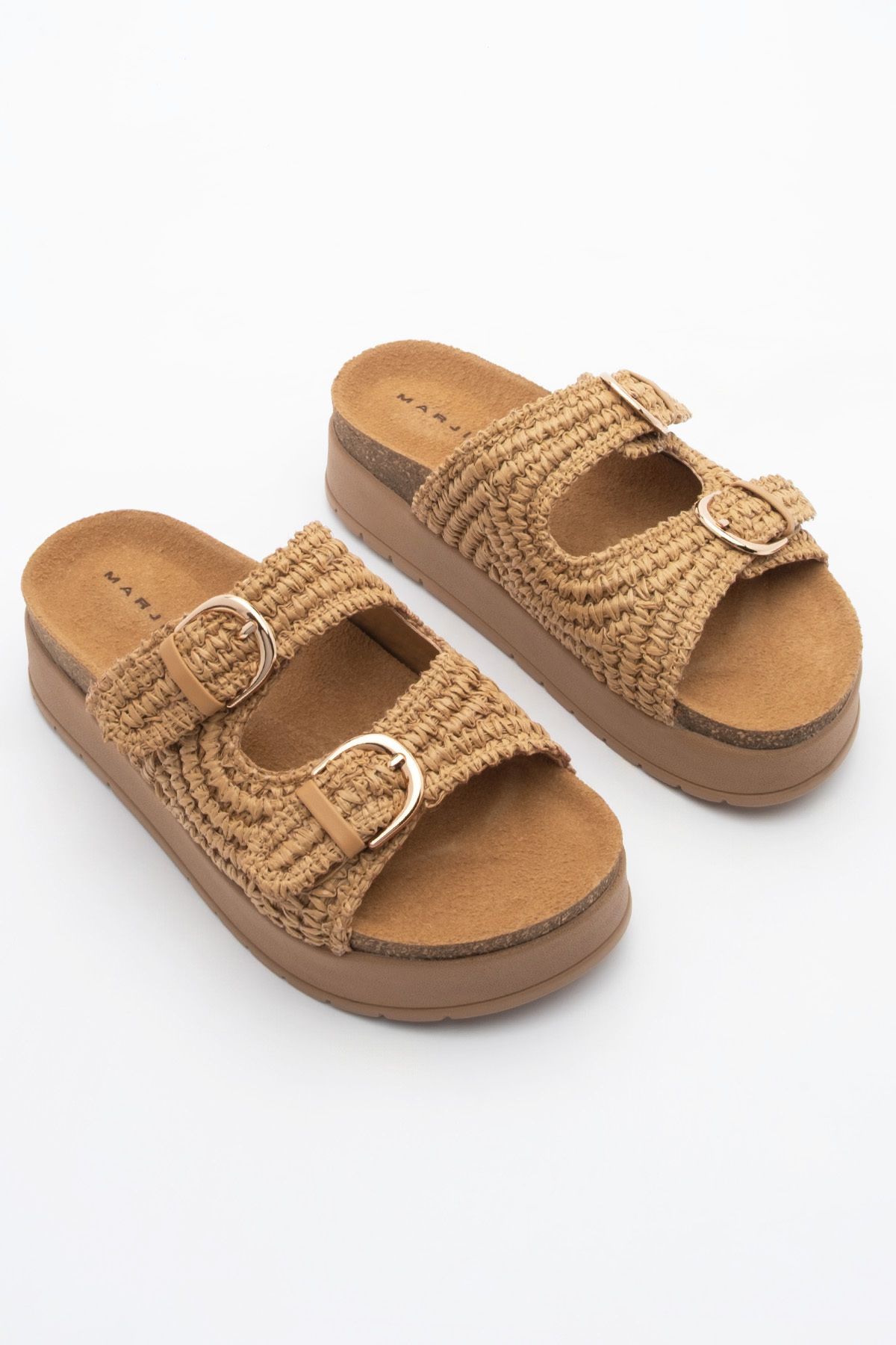 Marjin-Damen-Hausschuhe aus Stroh mit dicker Sohle und Schnalle, Felar Tan Wicker 5
