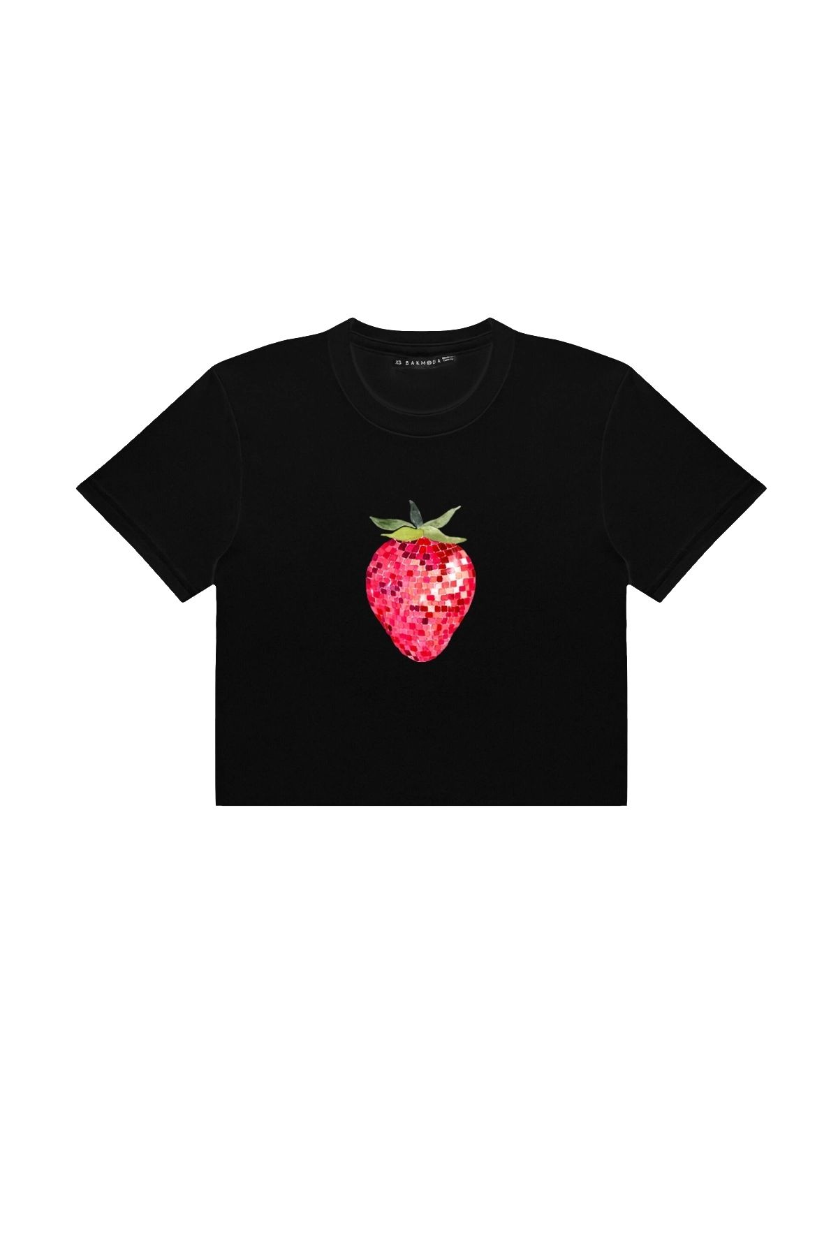Sekizbiraltı Strawberry Disco Baskılı Siyah Crop Top