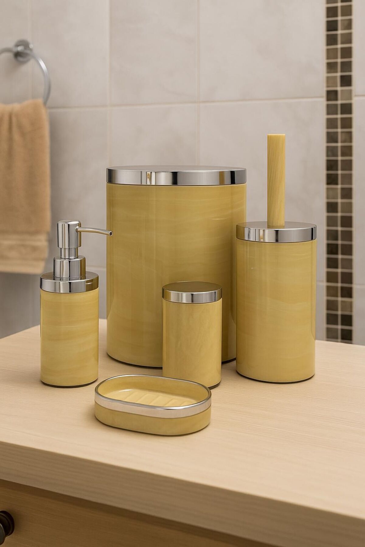 serenadekor Krom Detaylı Lüks Plastik 5 Parça Tuvalet Banyo Seti