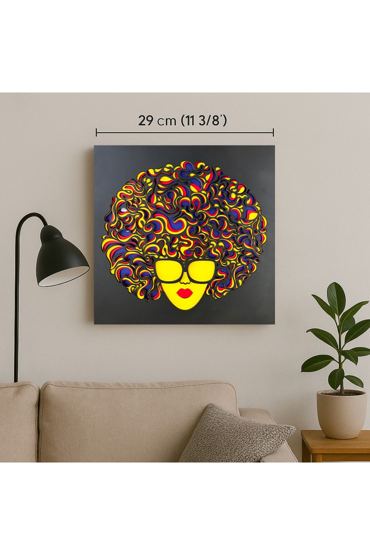 Lotuswoodart Renkli Afro Kadın Figürlü Ahşap Duvar Tablosu 29x29 cm – Lazer Kesim Dekoratif Portre