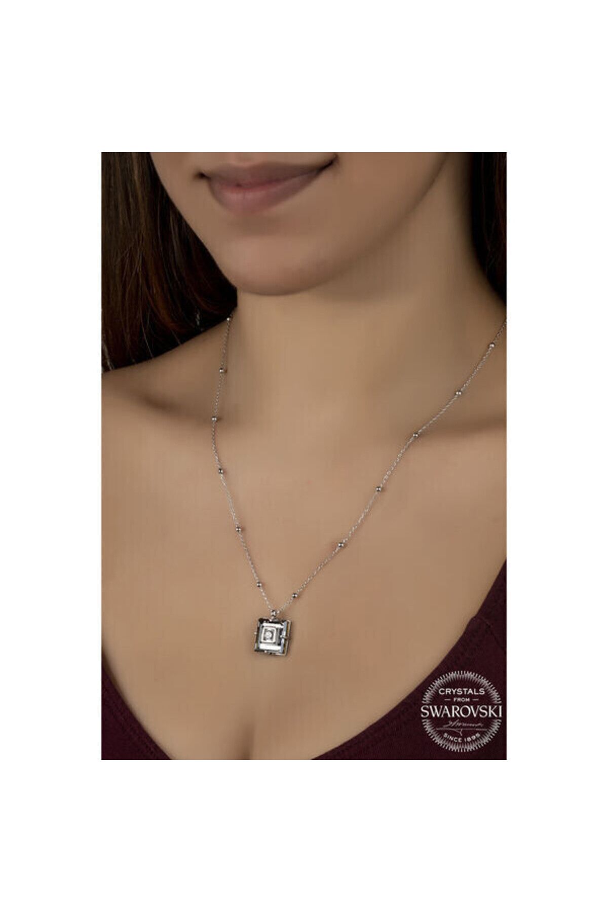shop Crystal Taşlı Top Zincir Siyah Elmas 925 Ayar Gümüş Kolye