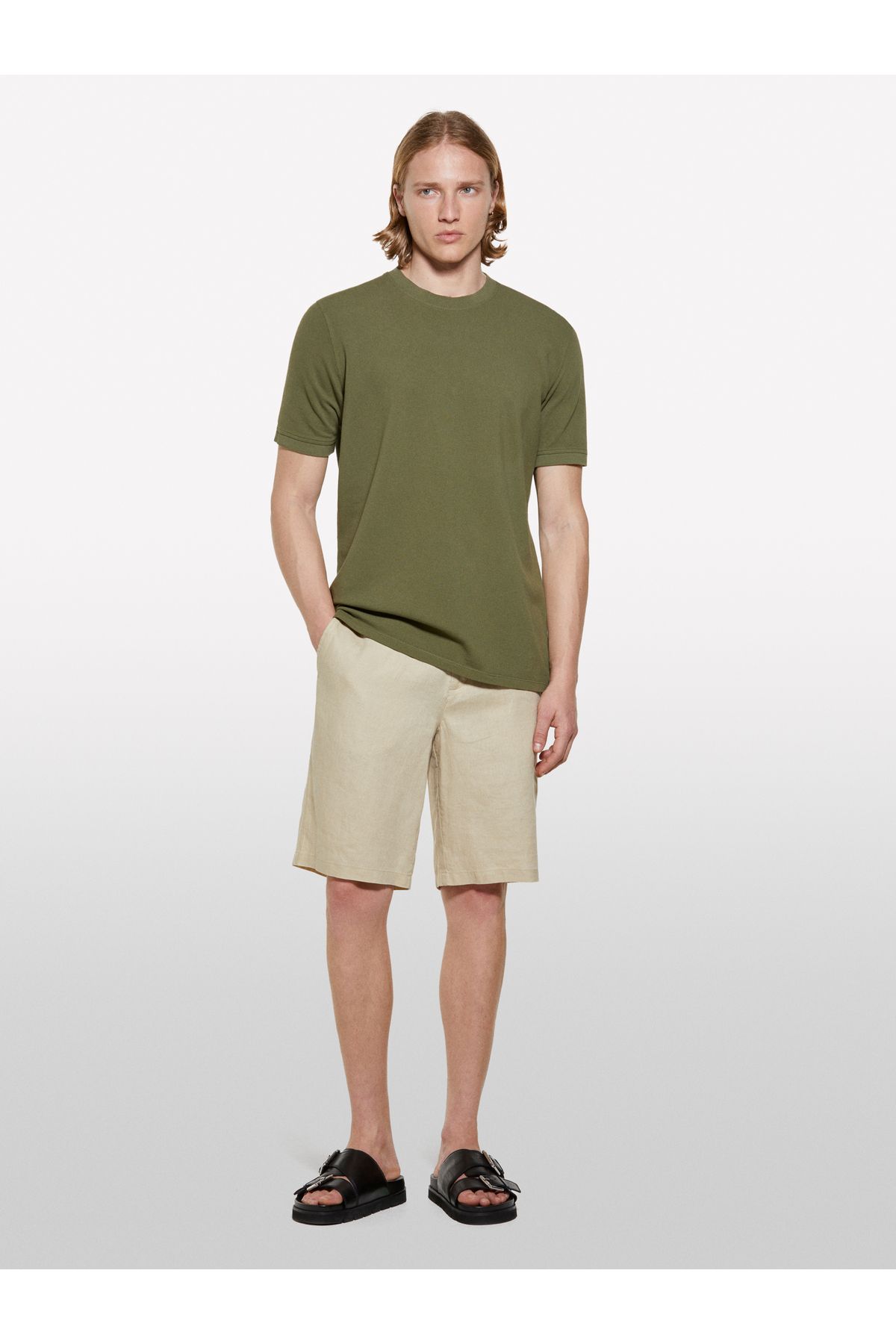 Sisley Erkek Bej %100 Keten Slim Fit Bermuda Şort