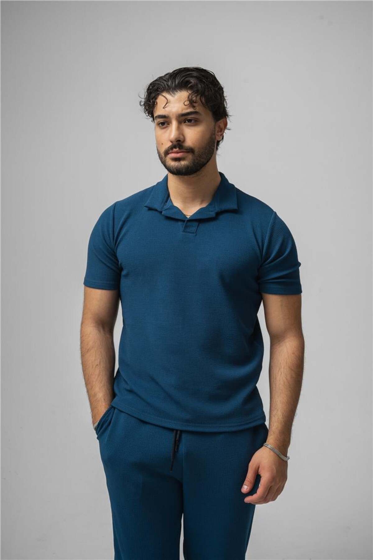 OUTFİT MAN Erkek Polo Yaka Gizli Kabartma T-Shirt Lacivert