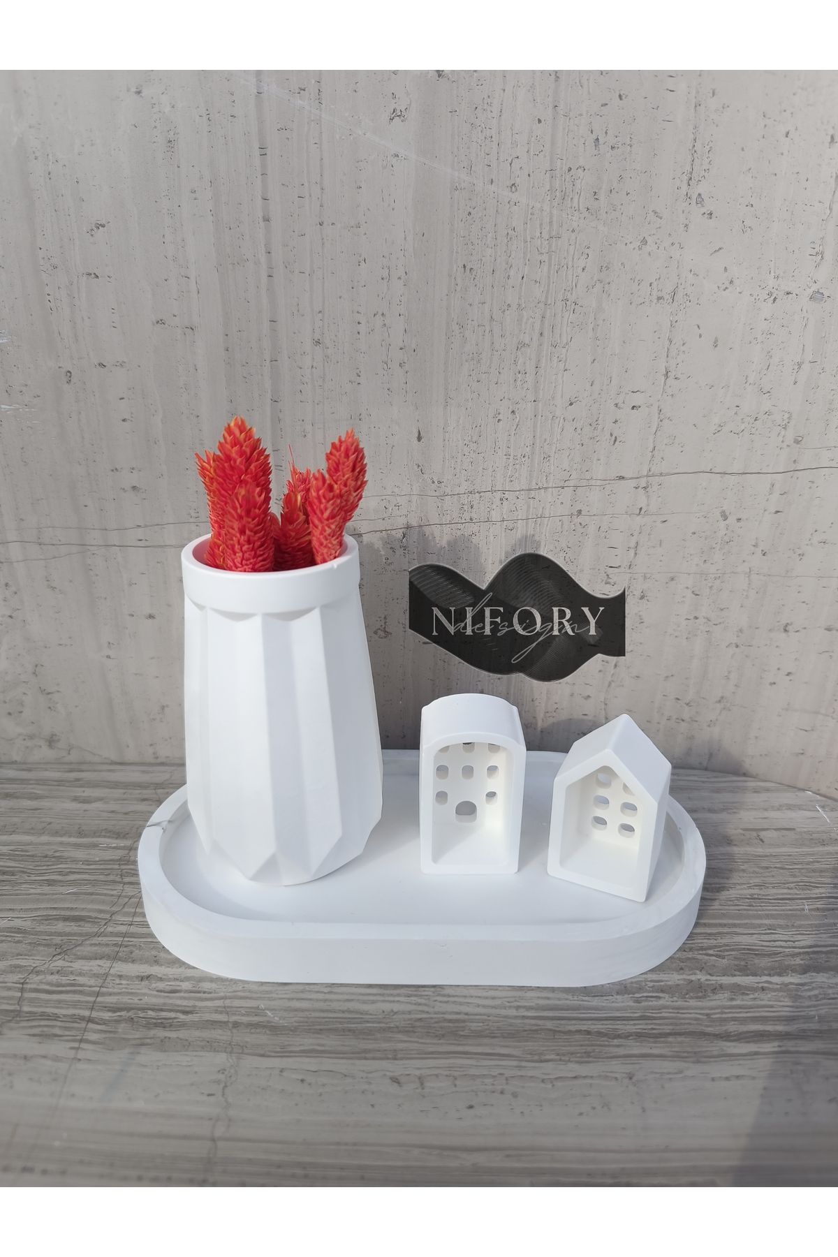 Nifory 520-N019 Dekoratif Beton Sunum Aksesuar Set Beton Biblo Organizer Takımı Çok Amaçlı Dekoratif Set