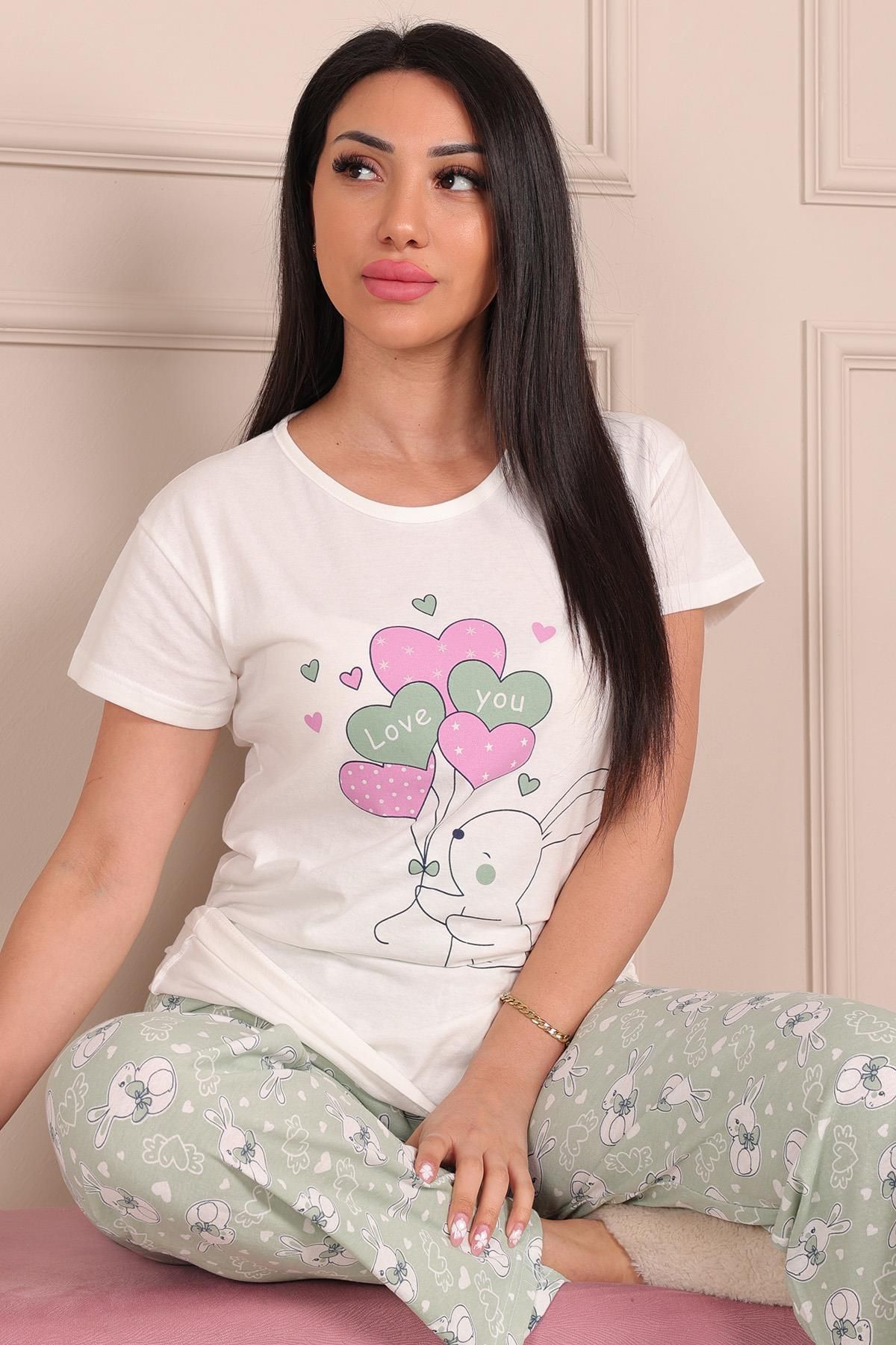 Niket Life Kadın Love You Sloganlı Tavşan Desenli Bisiklet Yaka Kısa Kol Altı Uzun Penye Pijama Takımı Mint