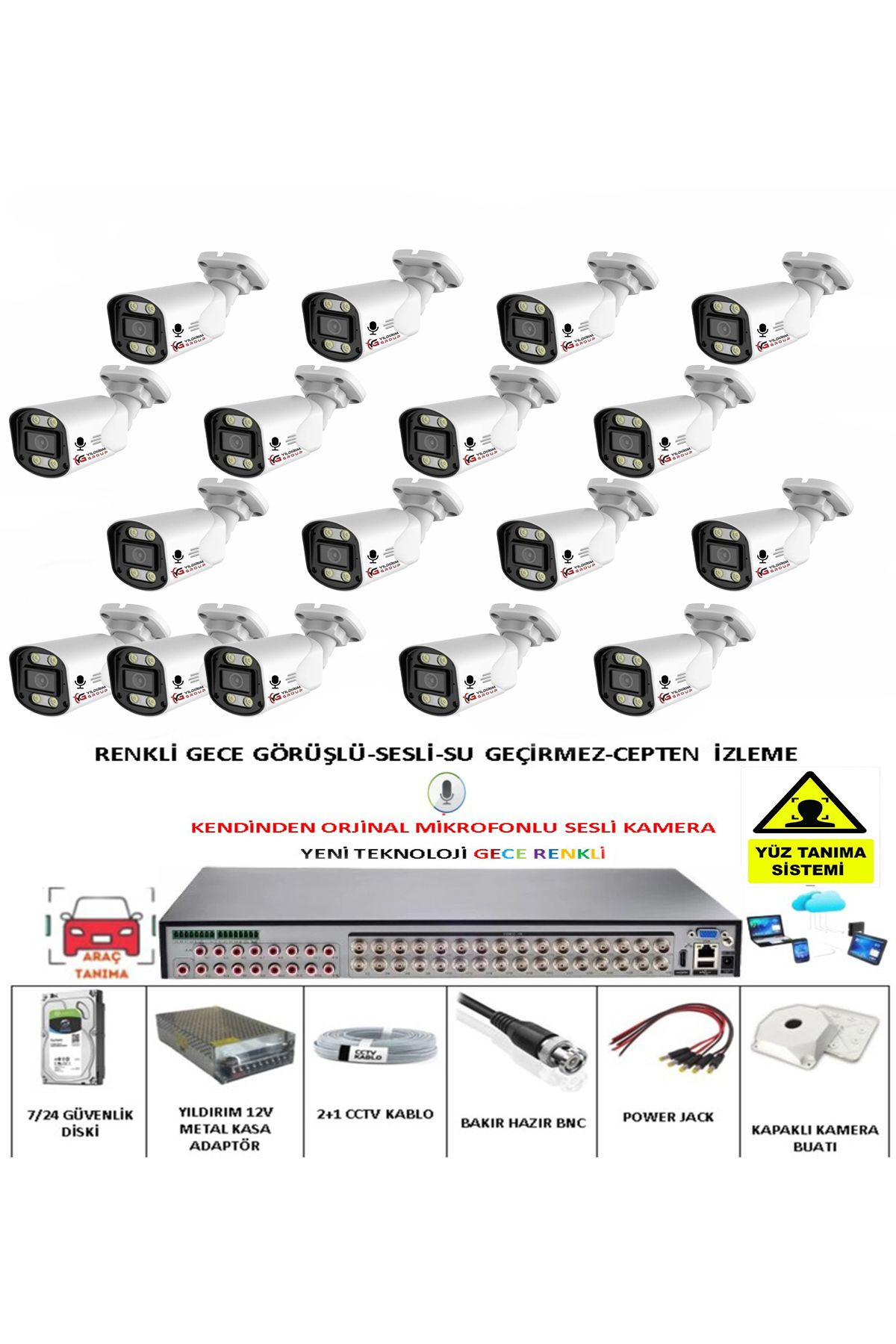 YILDIRIMGROUP 17 Lİ SESLİ GÜVENLİK KAMERASI 5 MP GECE RENKLİ YÜZ VE ARAÇ TANIMALI FULL HD KAMERA SİSTEMİ