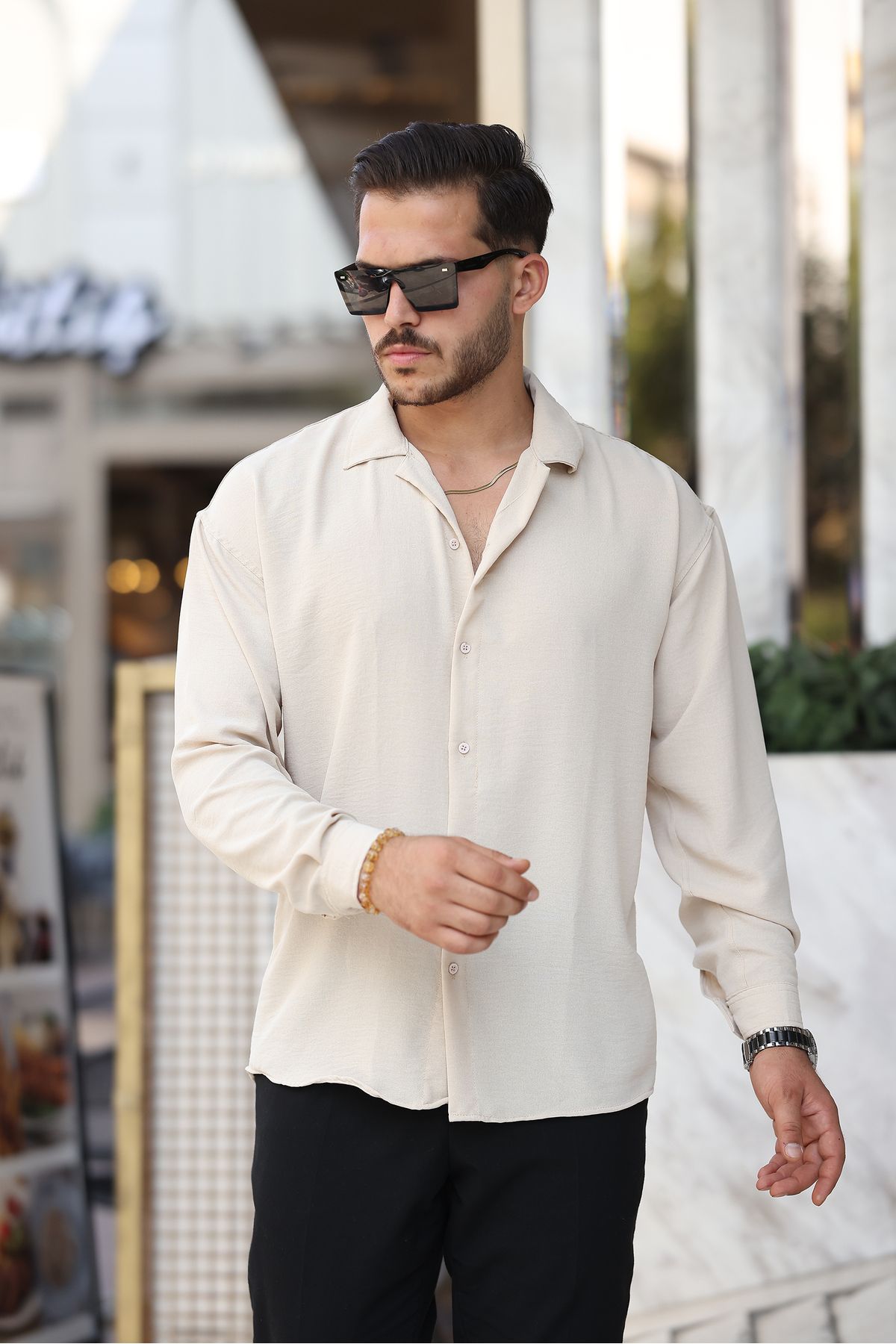 EKZMODA Erkek Bej Bol Kesim Dokulu Oversize Salaş Ayrobin Gömlek