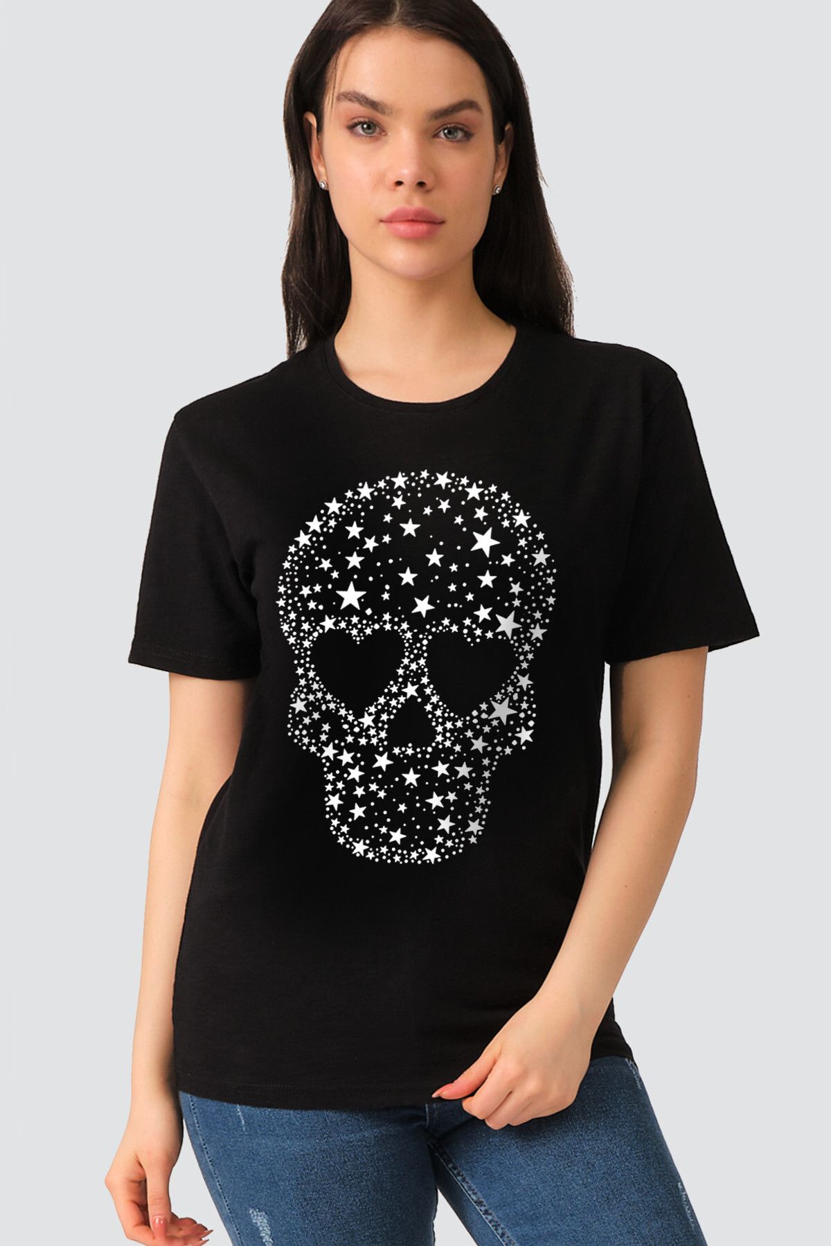 ROCKANDROLL Yıldızlı Kurukafa Siyah Kısa Kollu Kadın T-shirt