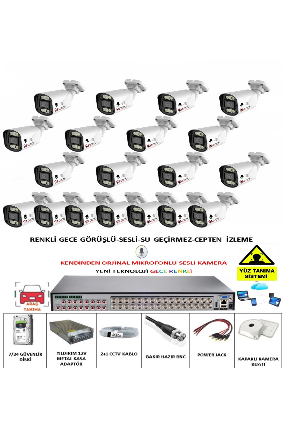 YILDIRIMGROUP 19 LU SESLİ GÜVENLİK KAMERASI 5 MP GECE RENKLİ YÜZ VE ARAÇ TANIMALI FULL HD KAMERA SİSTEMİ