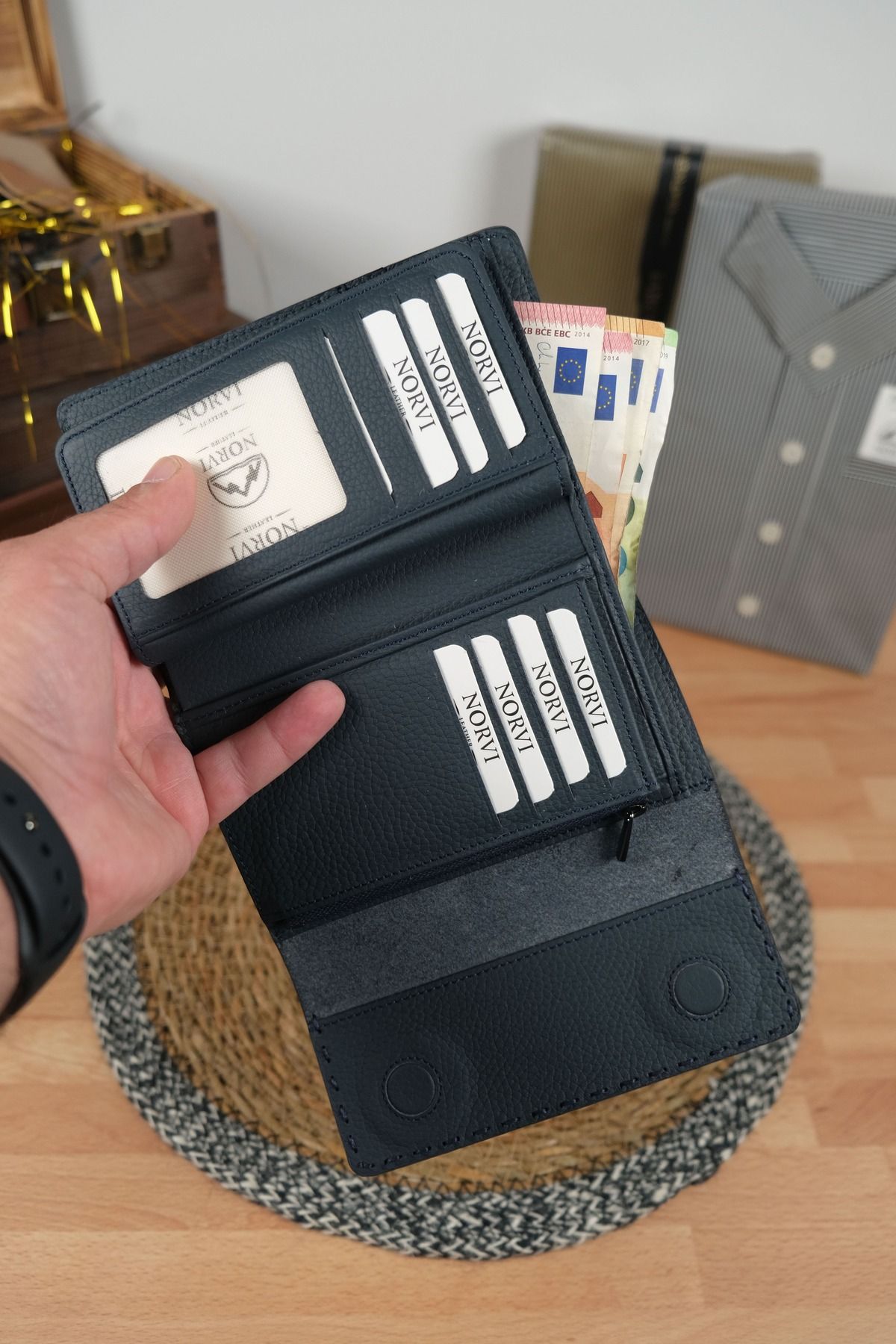 Norvi Leather Saraciye Dikişli Çok Bölmeli Hakiki Deri Cüzdan Kadın Koyu Mavi