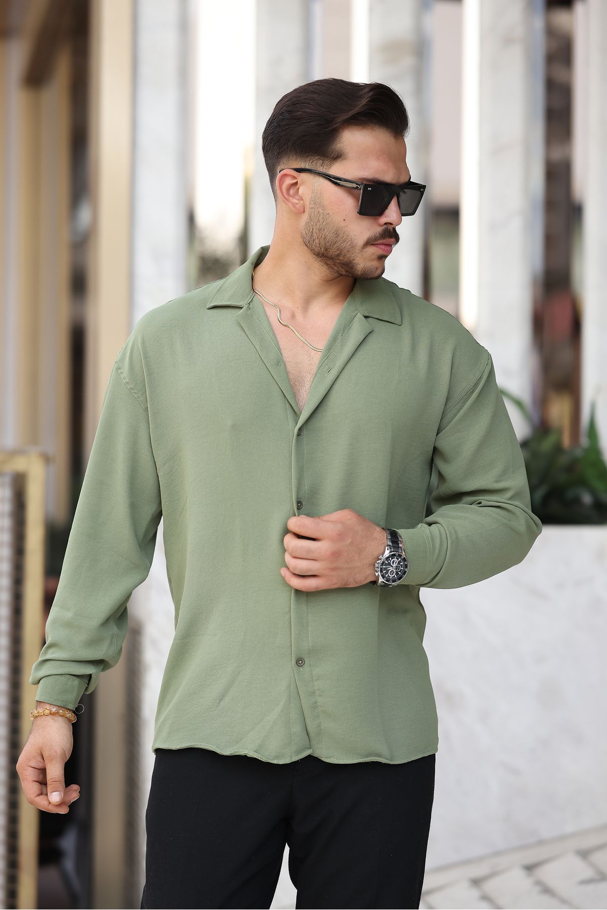 EKZMODA Erkek Haki Bol Kesim Dokulu Oversize Salaş Ayrobin Gömlek