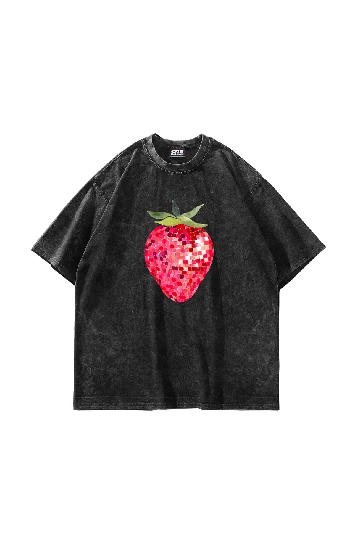 Sekizbiraltı Strawberry Disco Baskılı Oversize Unisex Yıkamalı Siyah Tshirt