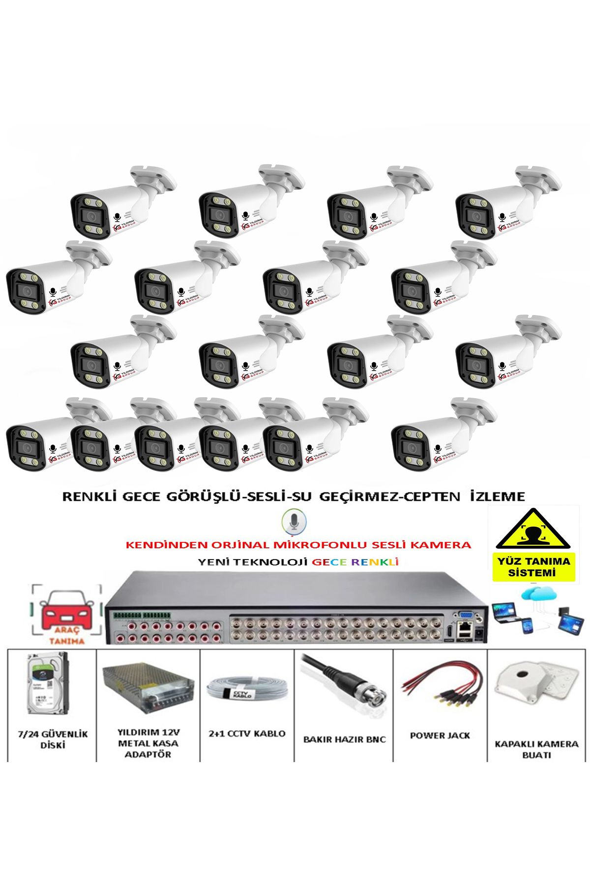 YILDIRIMGROUP 18 Lİ SESLİ GÜVENLİK KAMERASI 5 MP GECE RENKLİ YÜZ VE ARAÇ TANIMALI FULL HD KAMERA SİSTEMİ