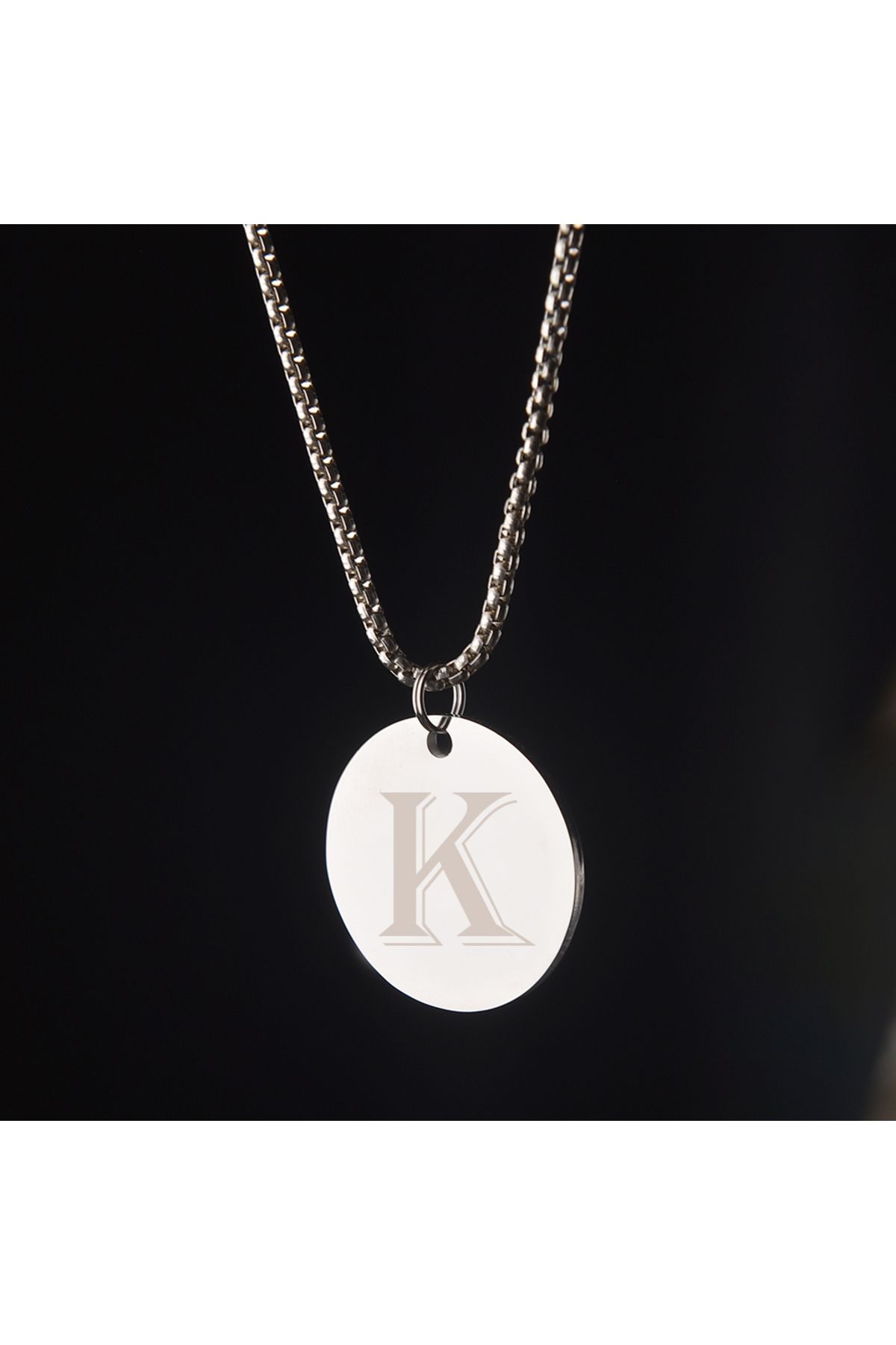idolavm Type Kişisel K Harfli Erkek Kolye Çelik Daire Takı Aksesuar