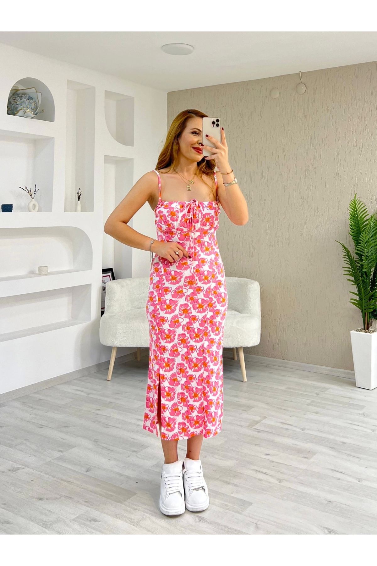 İrka Moda Ön Büzgülü İp Askılı Elbise Pembe