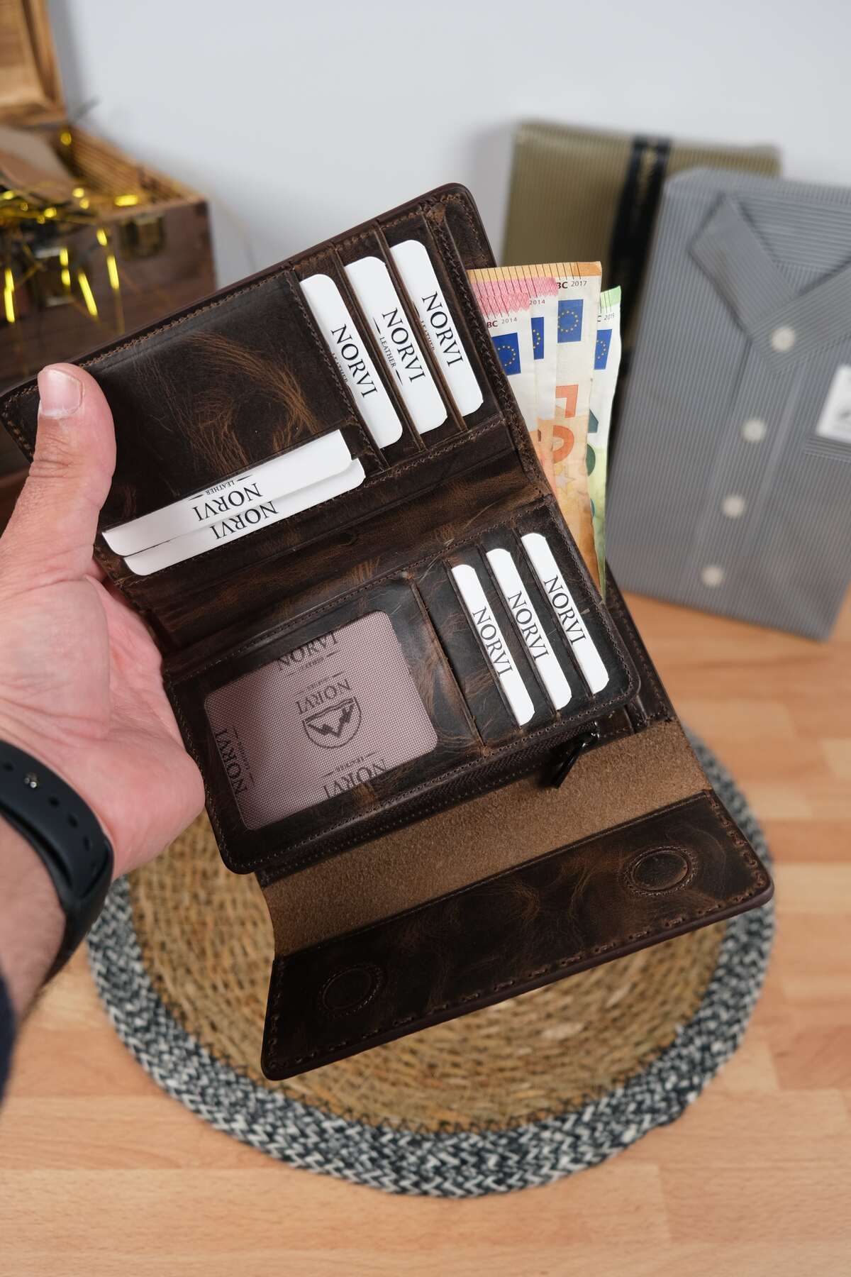 Norvi Leather Saraciye Dikişli Çok Bölmeli Hakiki Deri Cüzdan Kadın Kahverengi