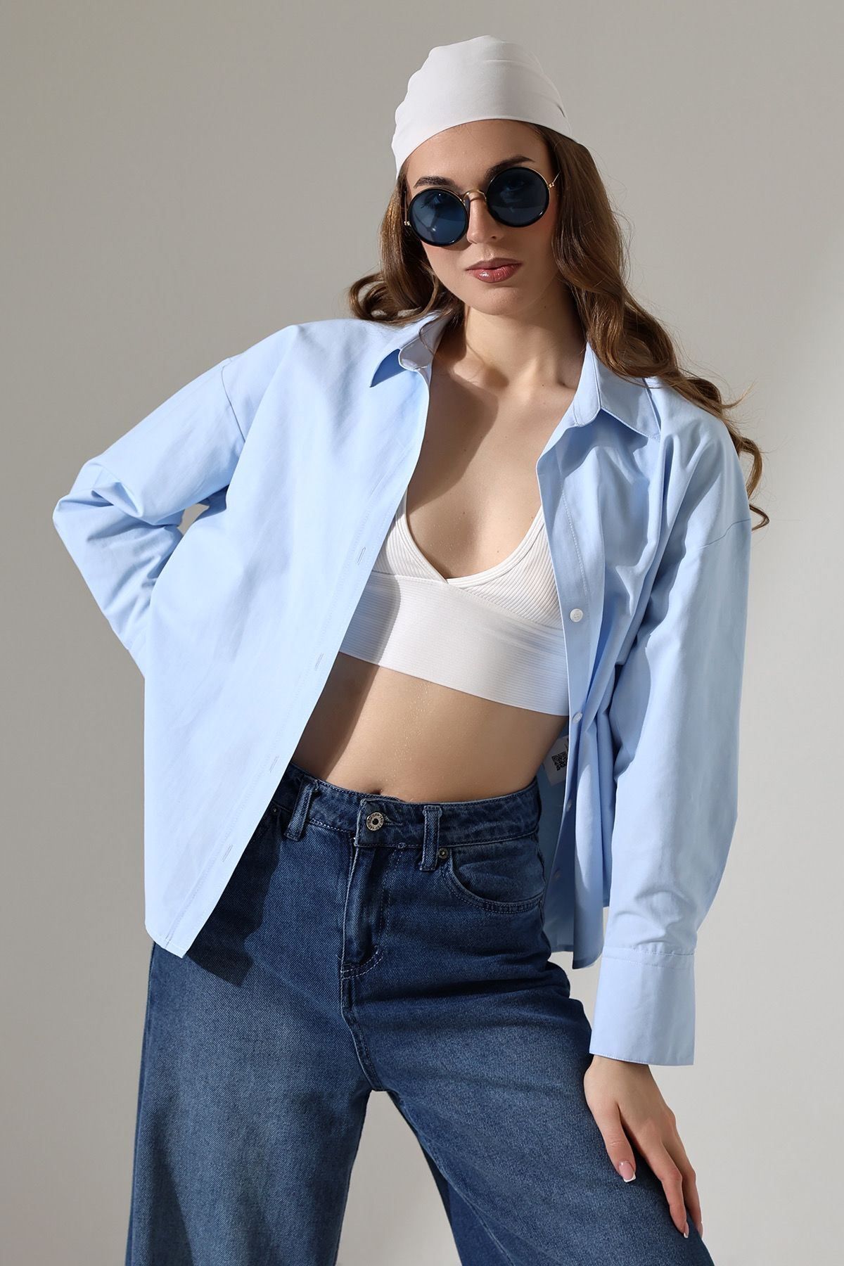 Shop58 Kadın Gömlek Mavi Renk Oversize Rahat Kesim Poplin Kumaş Gomlek