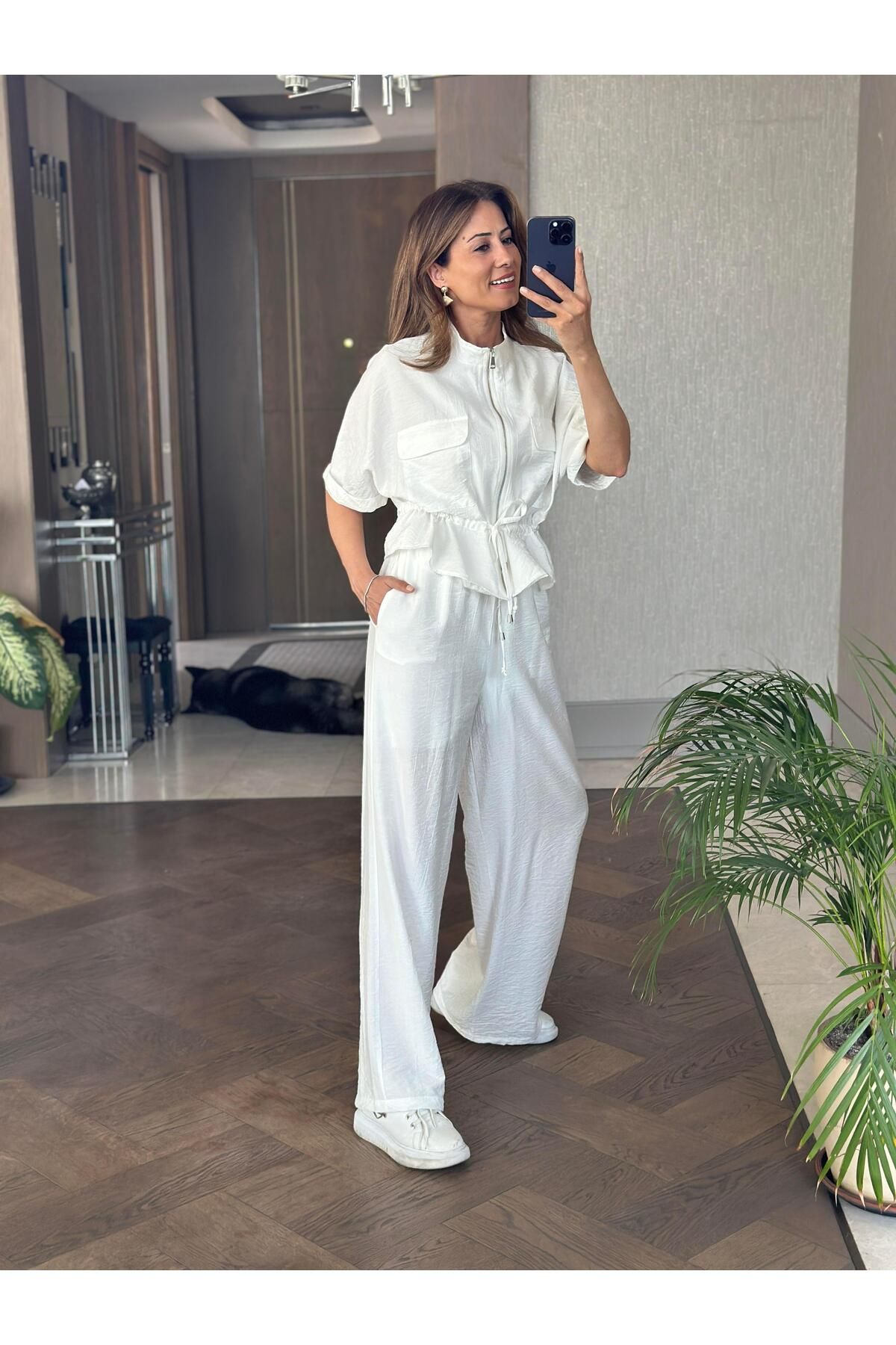 Forlady4 Beyaz Dokulu Beli Bağcıklı Ceket Pantolon Kadın Alt Üst Takım