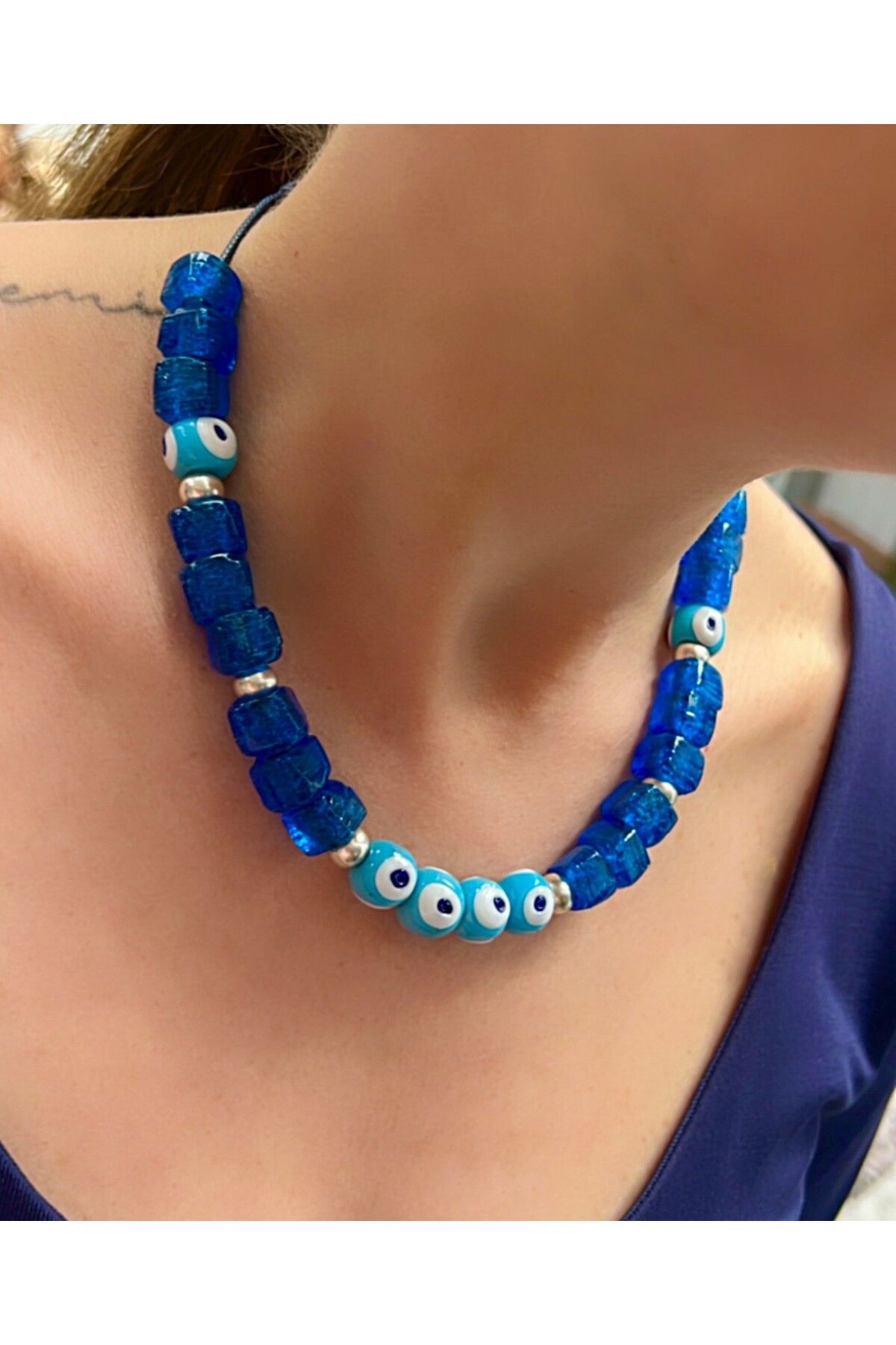 Kutcha Accessories Cam Boncuklu Mavi Nazar Kolye