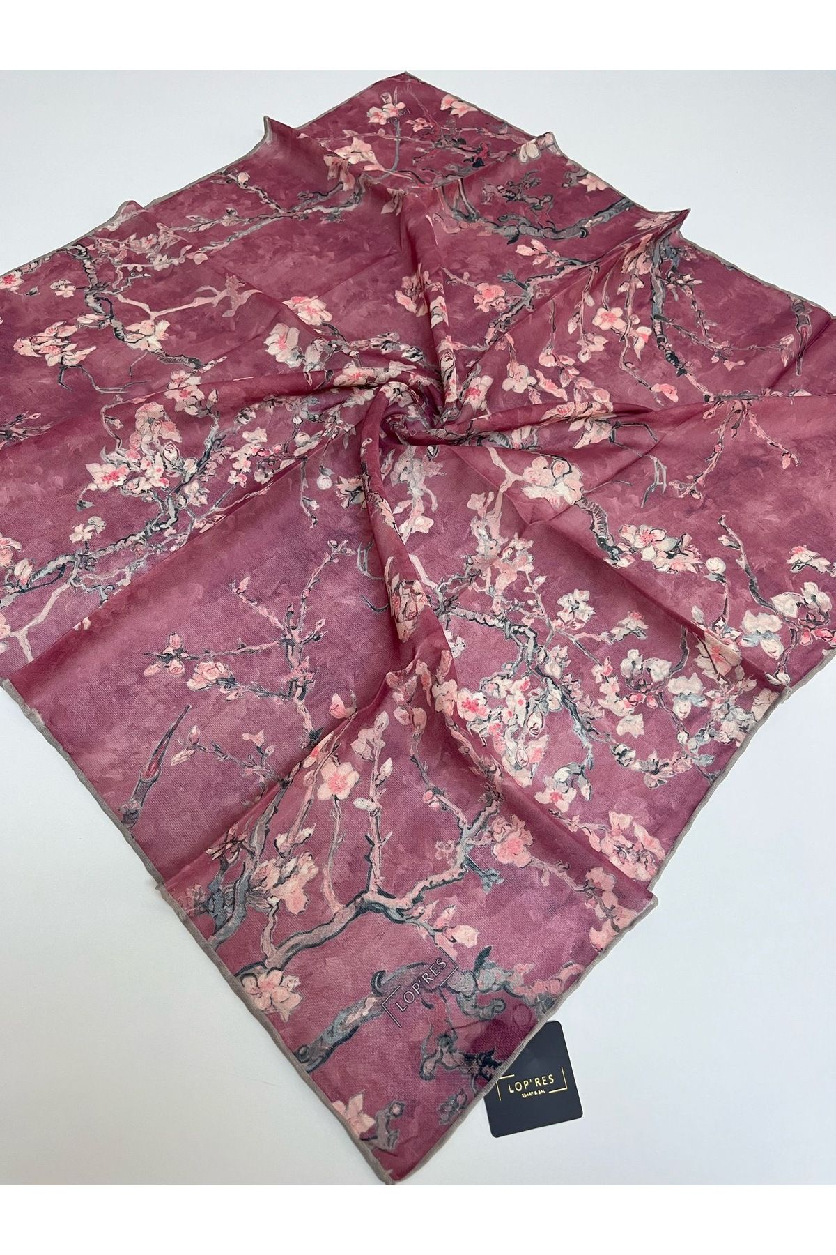 Butik Yeni Kaymayan Soft Çiçekli Ağaç Desenli Zer Organik Kare Eşarp