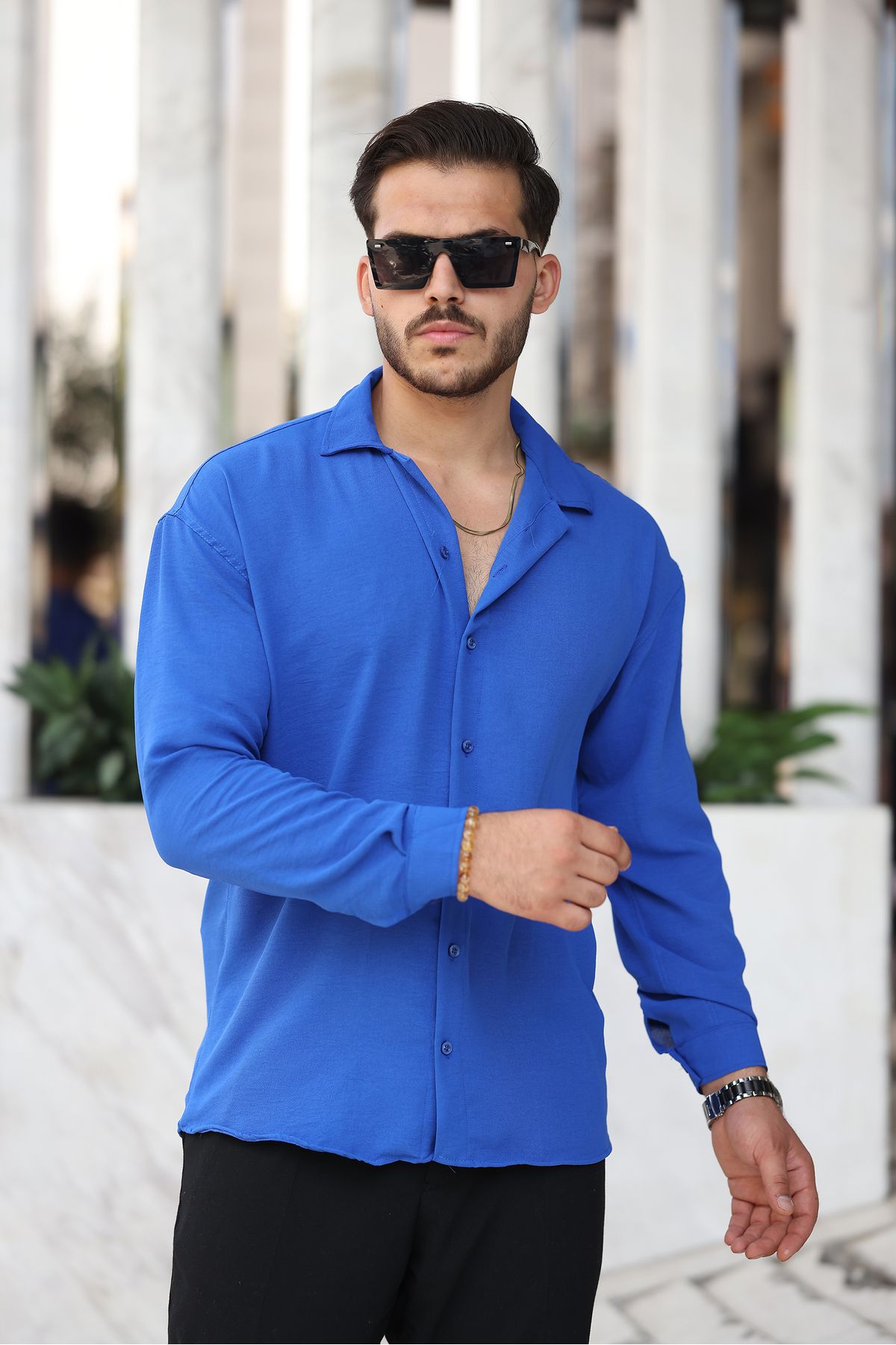 EKZMODA Erkek Saks Mavisi Bol Kesim Dokulu Oversize Salaş Ayrobin Gömlek