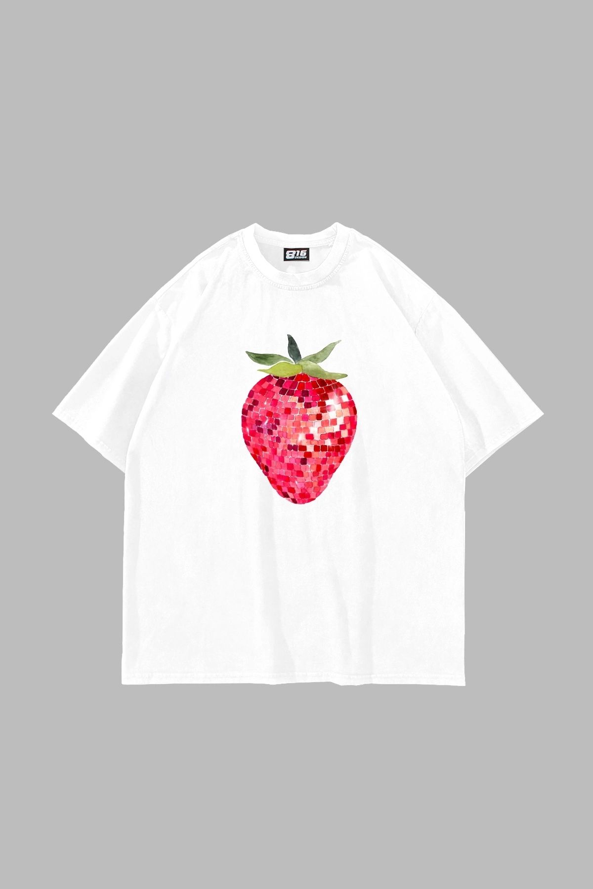Sekizbiraltı Strawberry Disco Baskılı Oversize Unisex Beyaz Tshirt