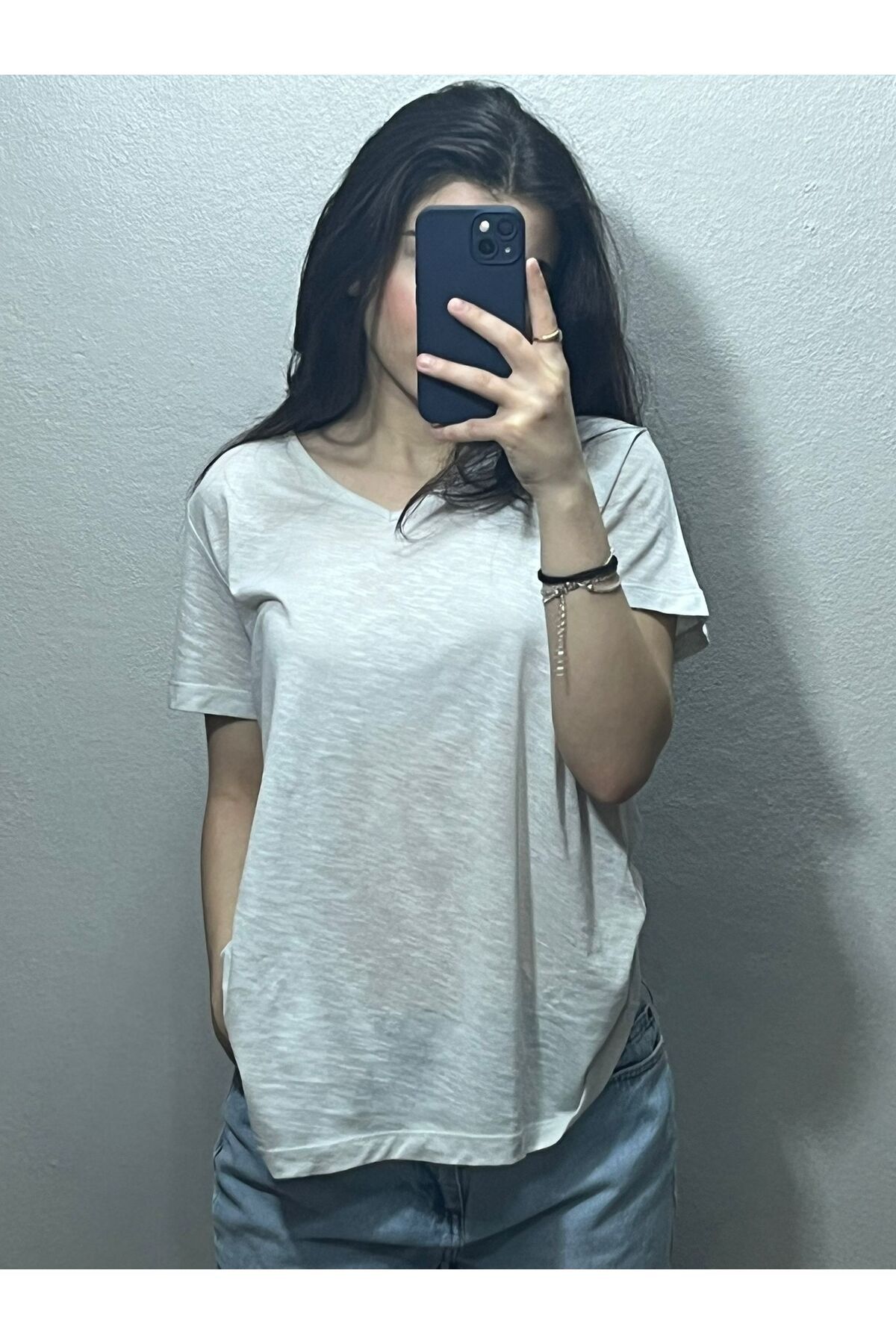 İZCİMOD Kadın Kısa Kol V Yaka Karmelanj T-Shirt