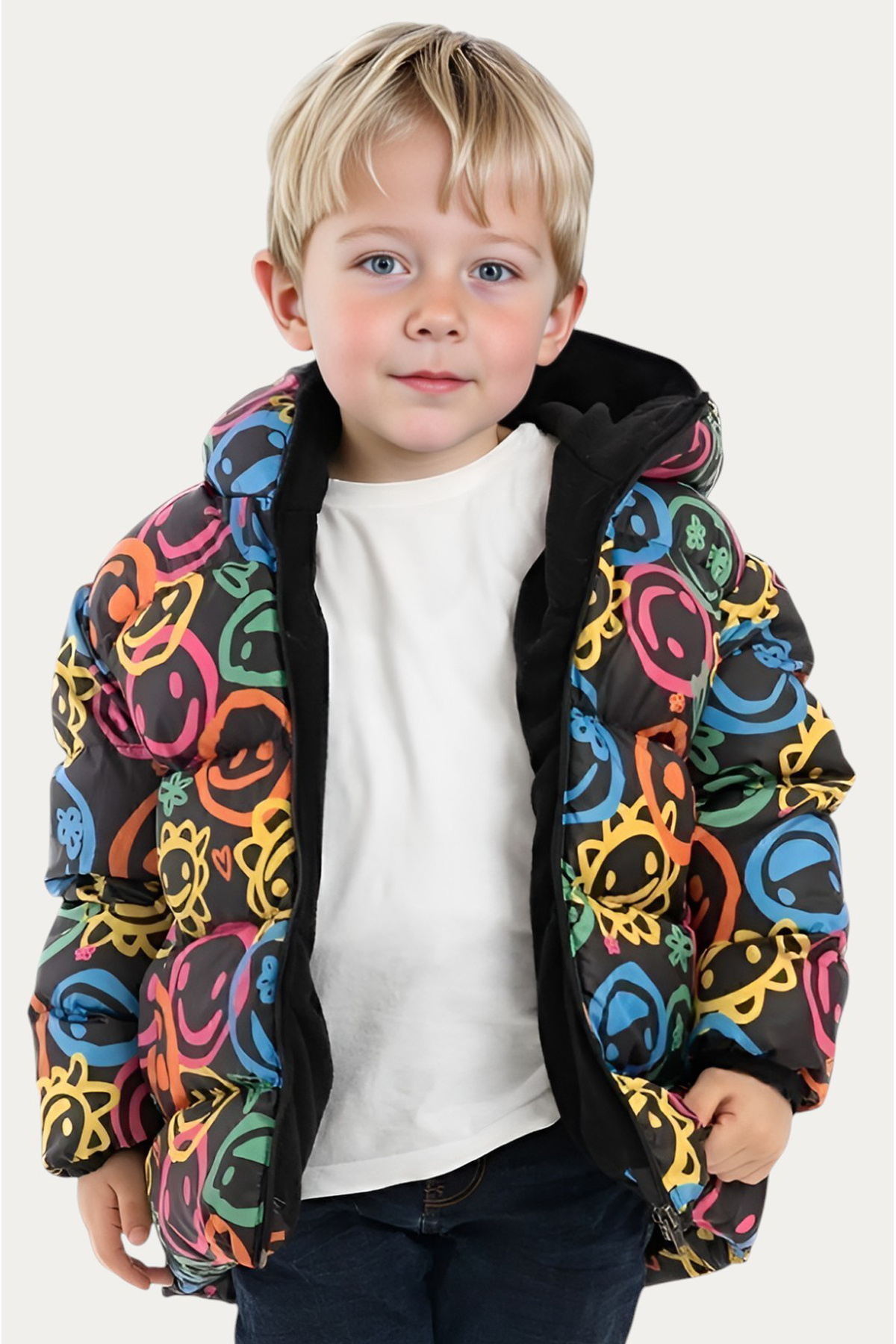  کاپشن پفی زمستانی جیب‌دار کلاه‌دار طرح ایموجی خندان پسرانه، آستر پشمی، ضد آب و باد